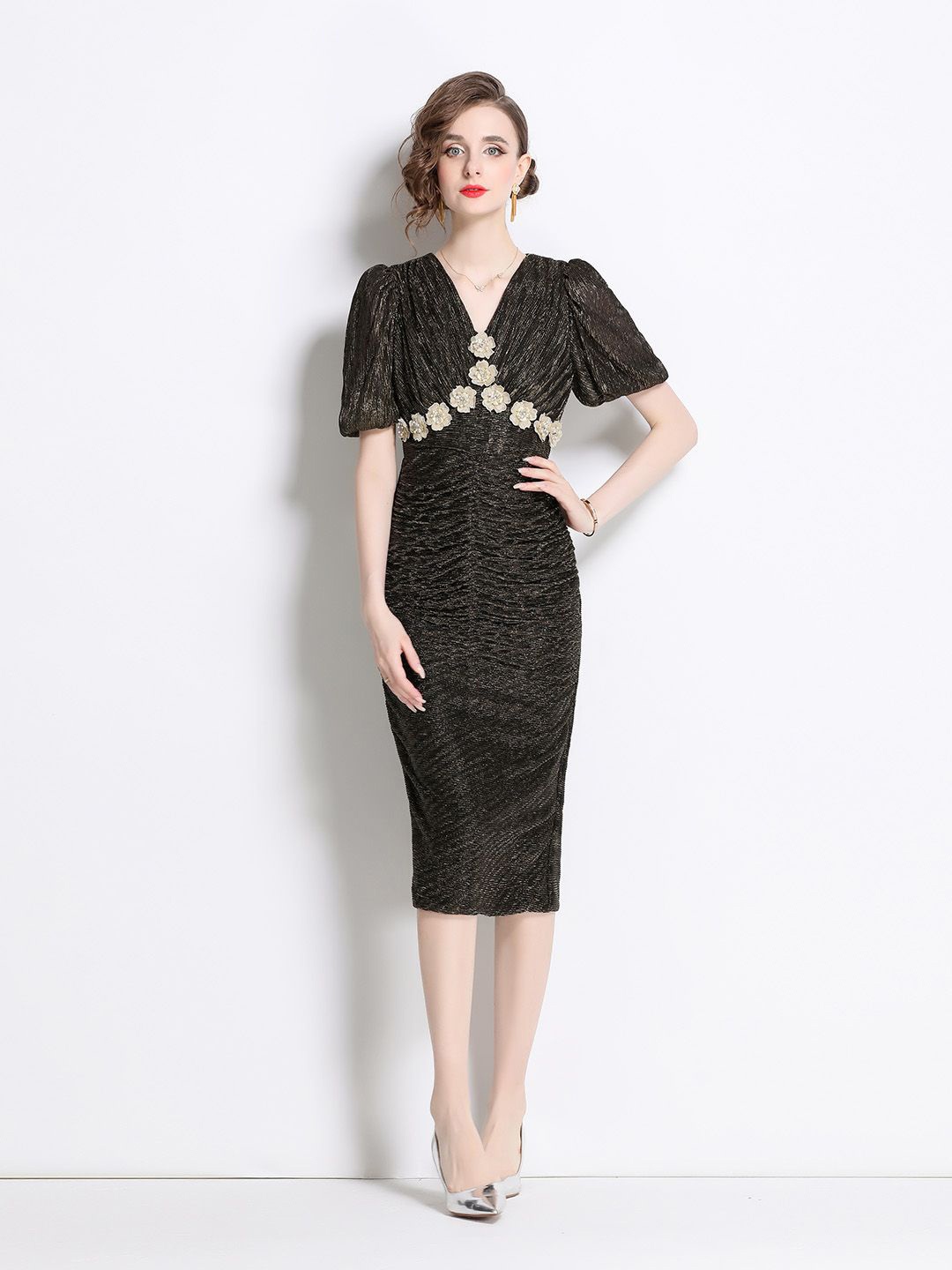 

JC Collection Women Flared Sleeve Bodycon Midi Dress, Black