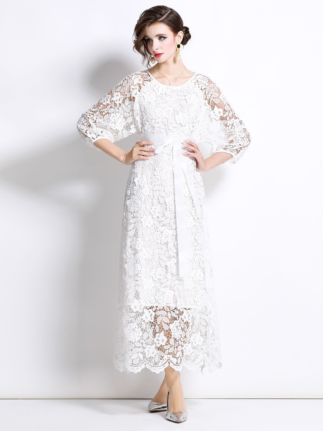 

JC Collection Women Sheer Self Design Fit and Flare Midi Dress, White