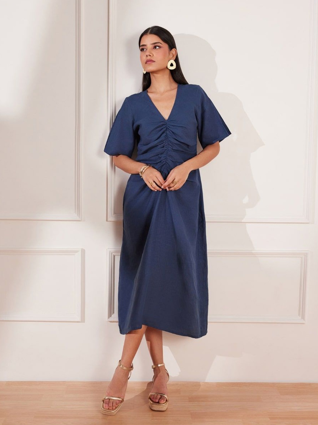 

tara and i Women Linen A-Line Midi Dress, Blue
