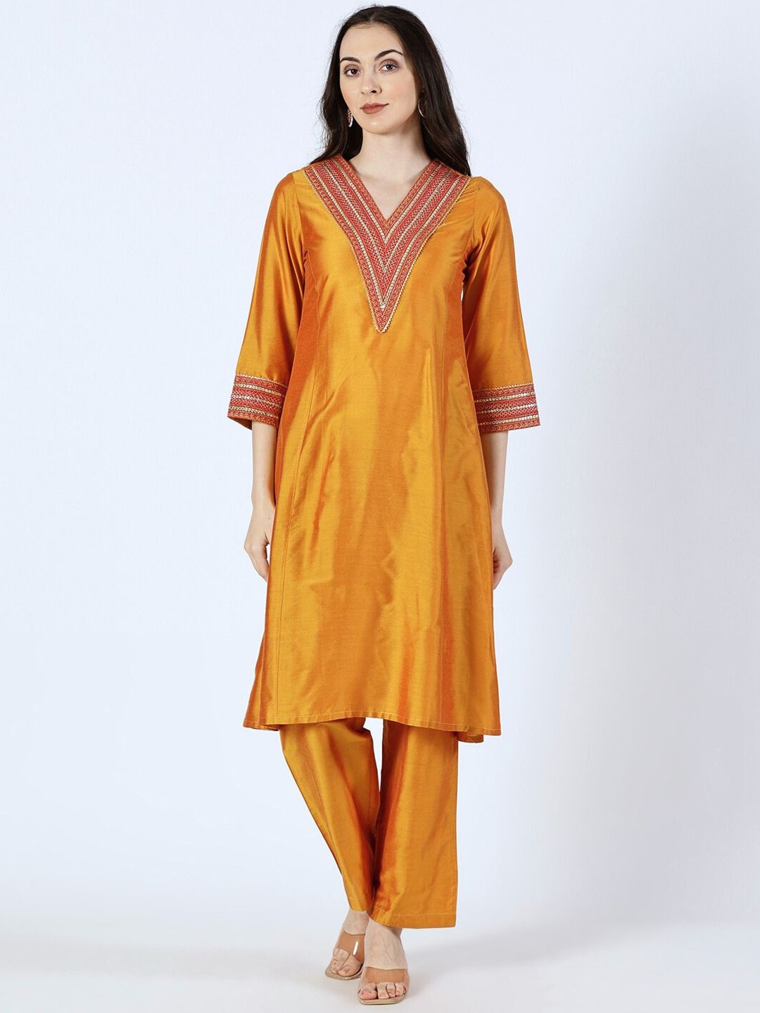 

Saffron Threads Floral Embroidered Mirror Work Straight Kurta with Trousers, Orange