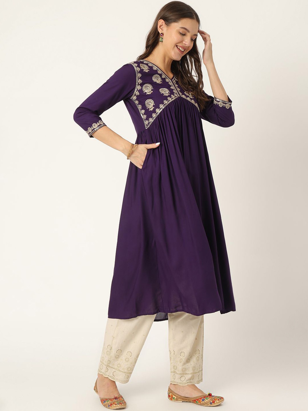 

Ashlee Ethnic Motifs Embroidered Sequinned Pleated A-Line Kurta, Purple