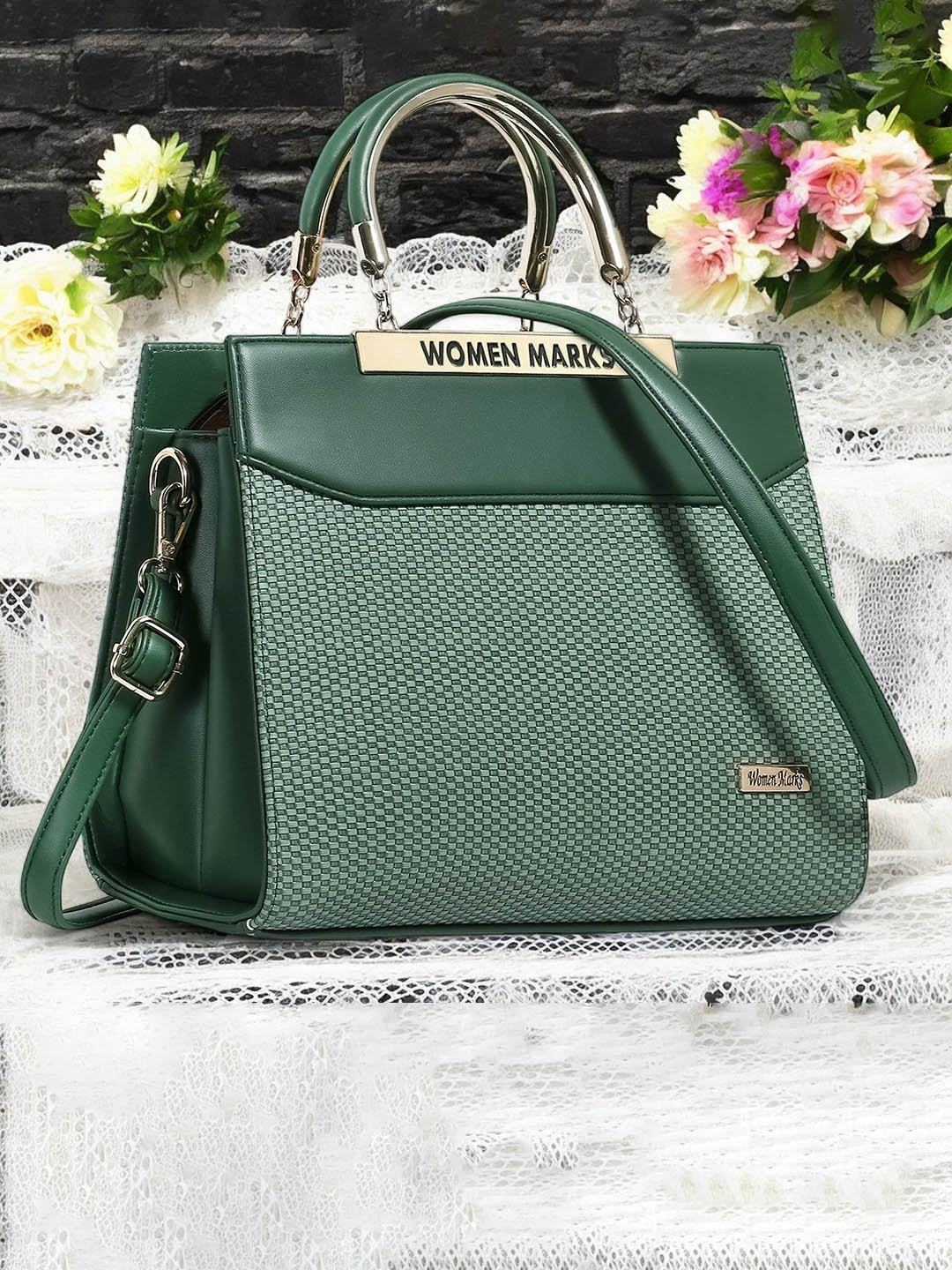 

WOMEN MARKS Textured PU Structured Handheld Bag, Green