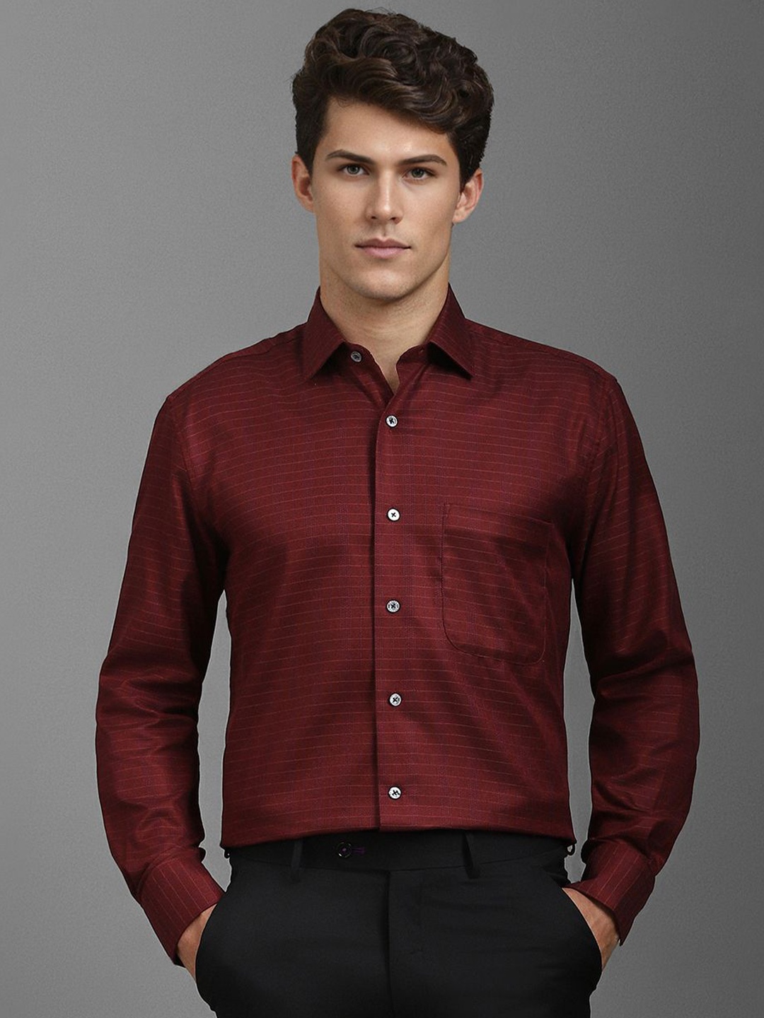 

Luxure by Louis Philippe Men Classic Horizontal Striped Pure Cotton Formal Shirt, Maroon