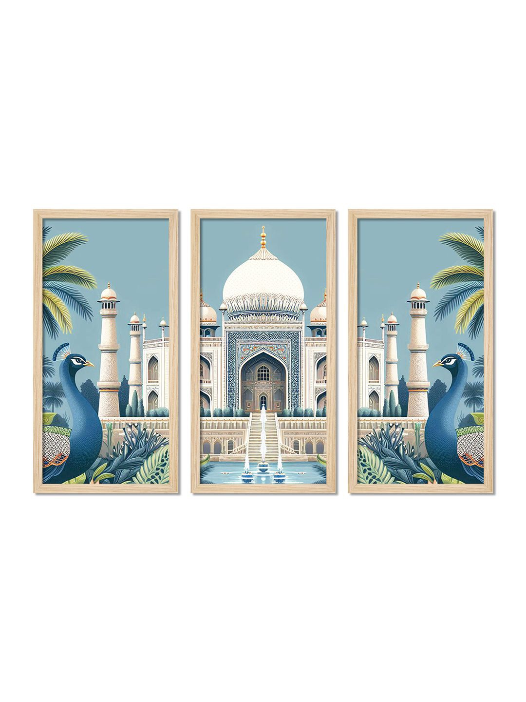 

ArtVibes Blue & Green 3 Pieces aj Mahal Wooden Painting Wall Arts