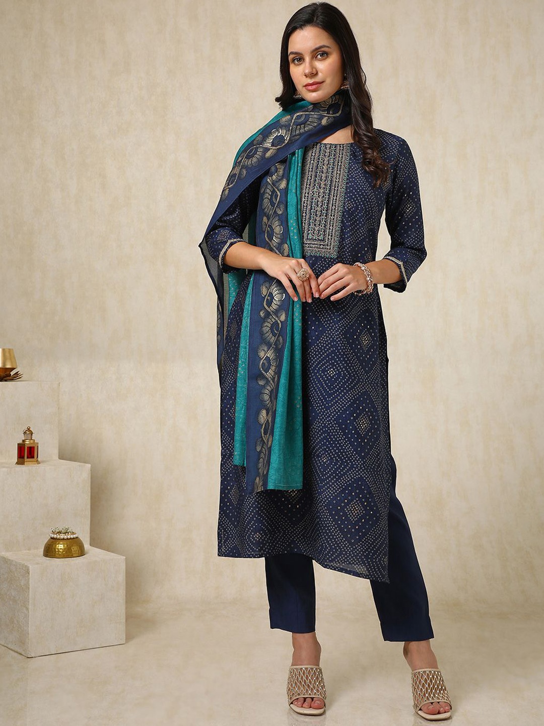 

Soch Bandhani Printed Straight Kurta with Trousers & Dupatta, Navy blue