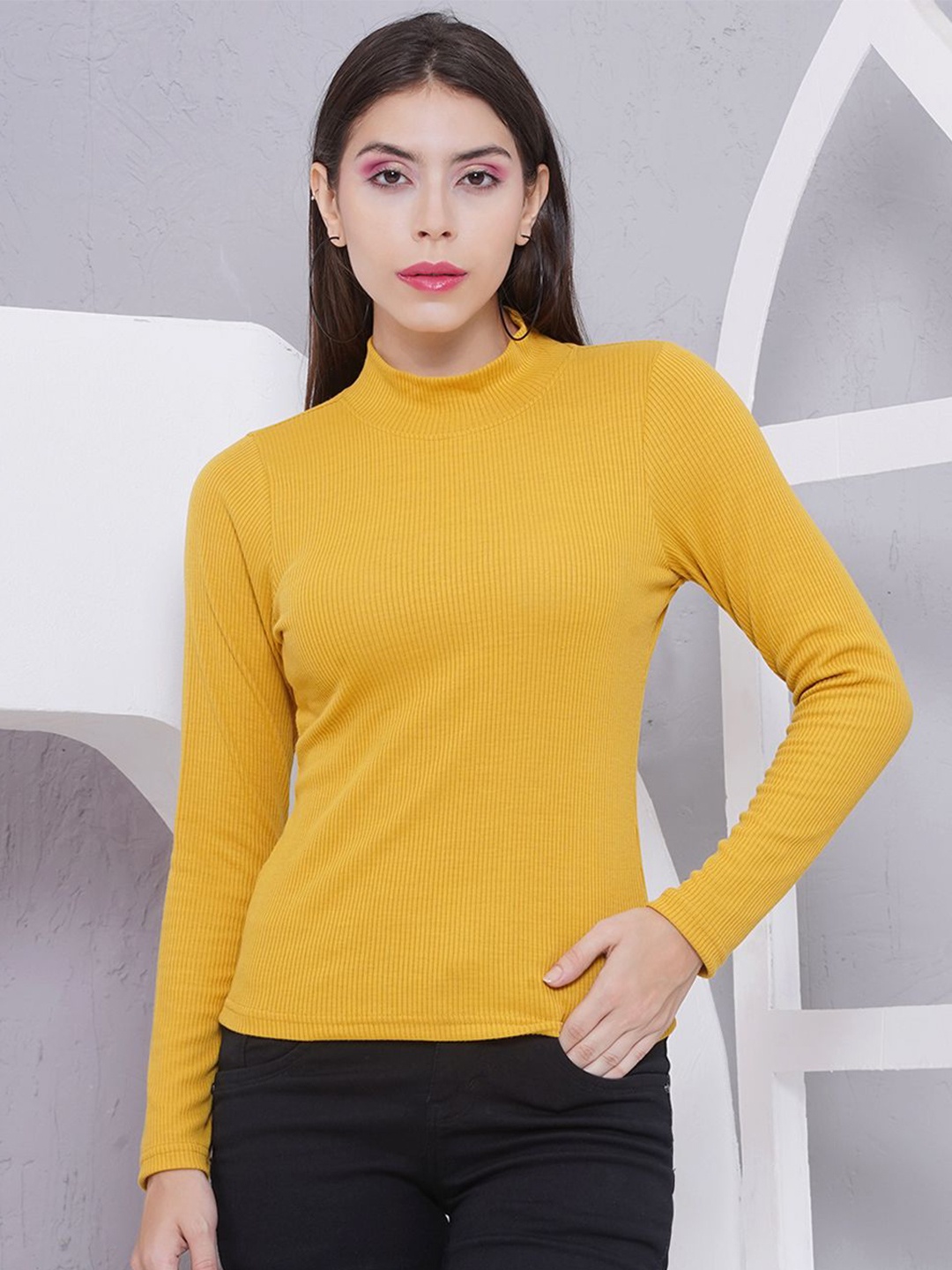 

PUELLA Solid High Neck Cotton Top, Yellow