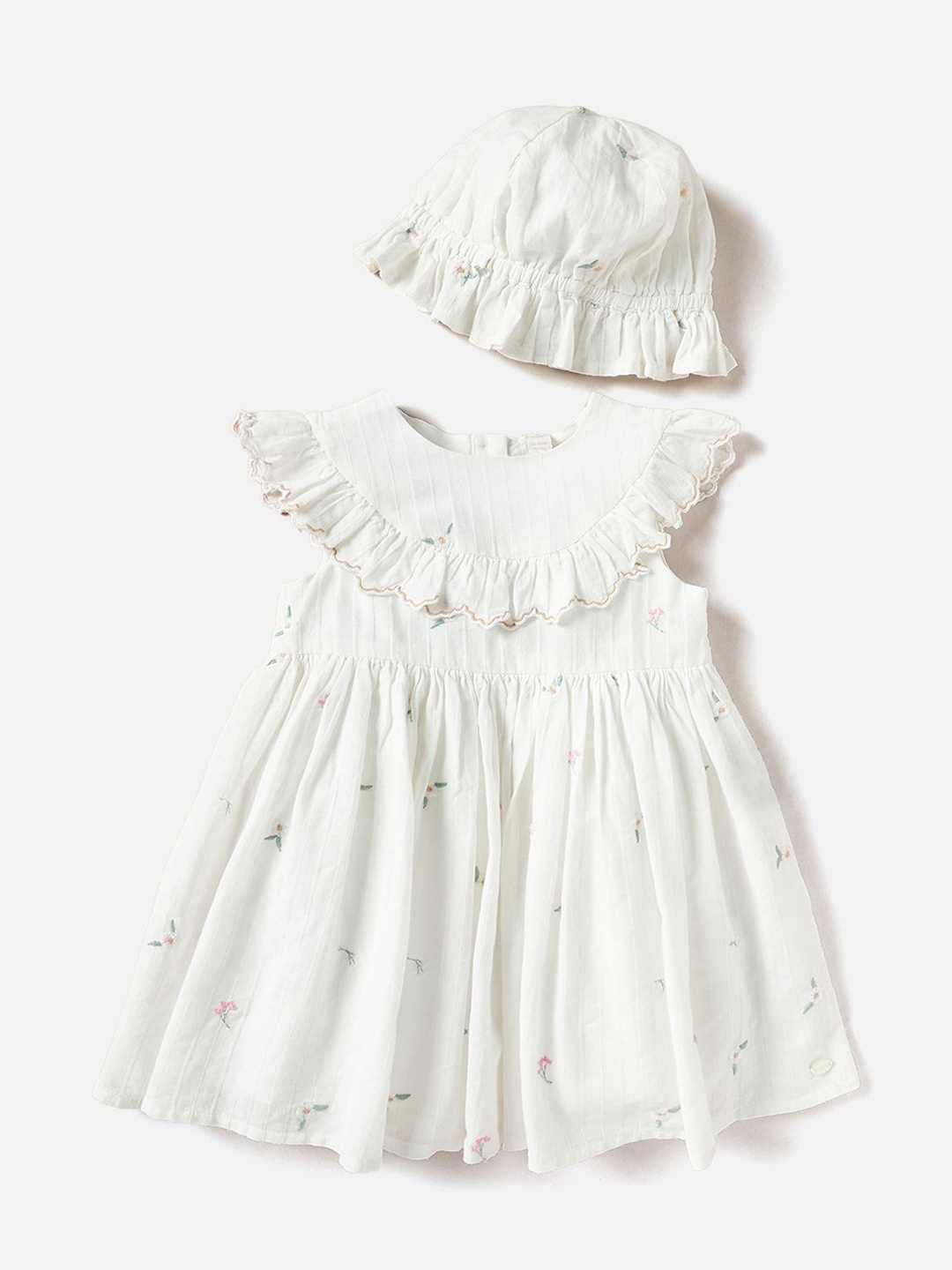 

Giggles by Babyshop Girls Embroidered A-Line Cotton Dress With Cap, White