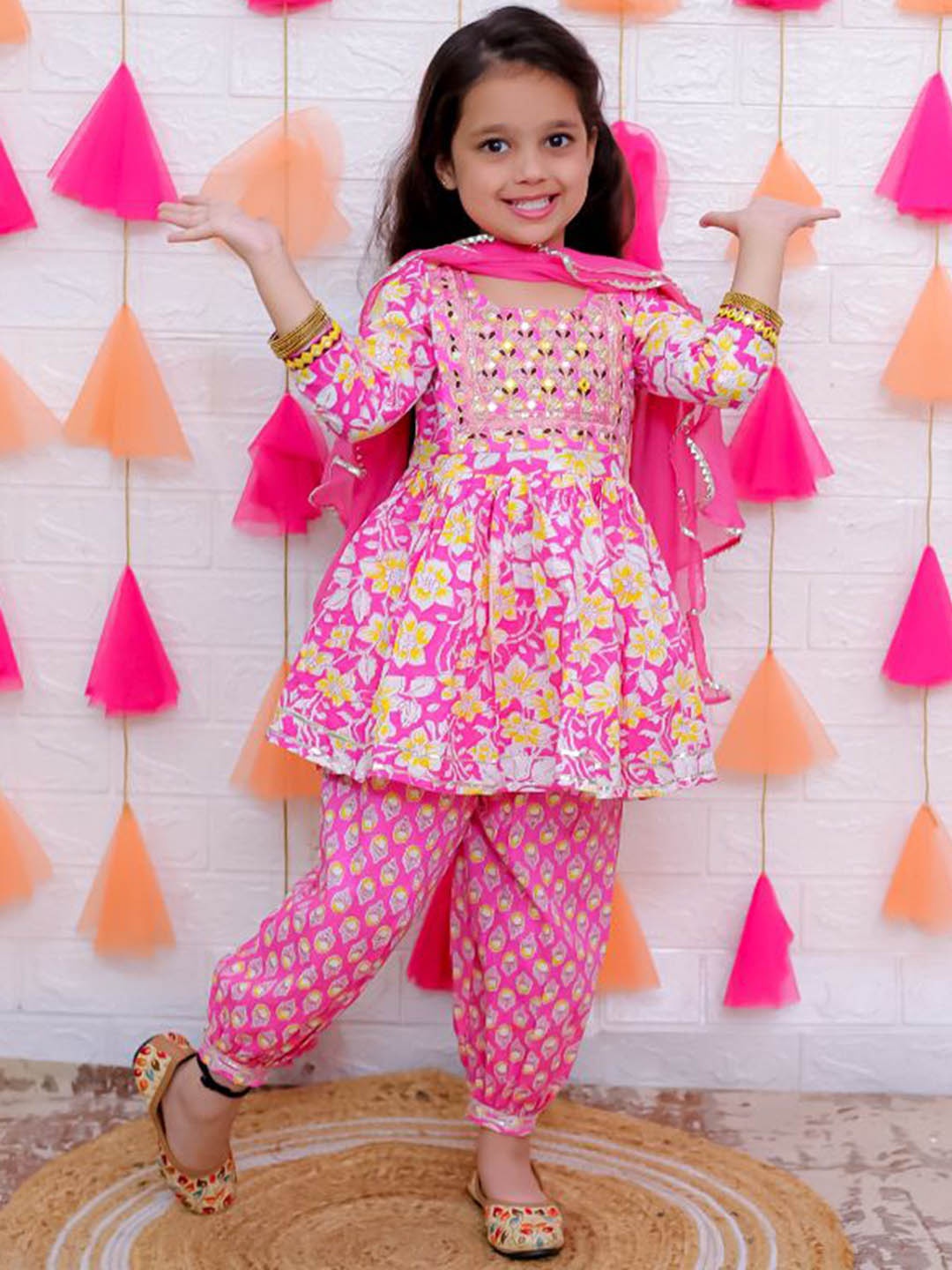 

AATYA KIIDS Girls Floral Printed Pure Cotton Anarkali Kurta With Sharara & Dupatta, Pink