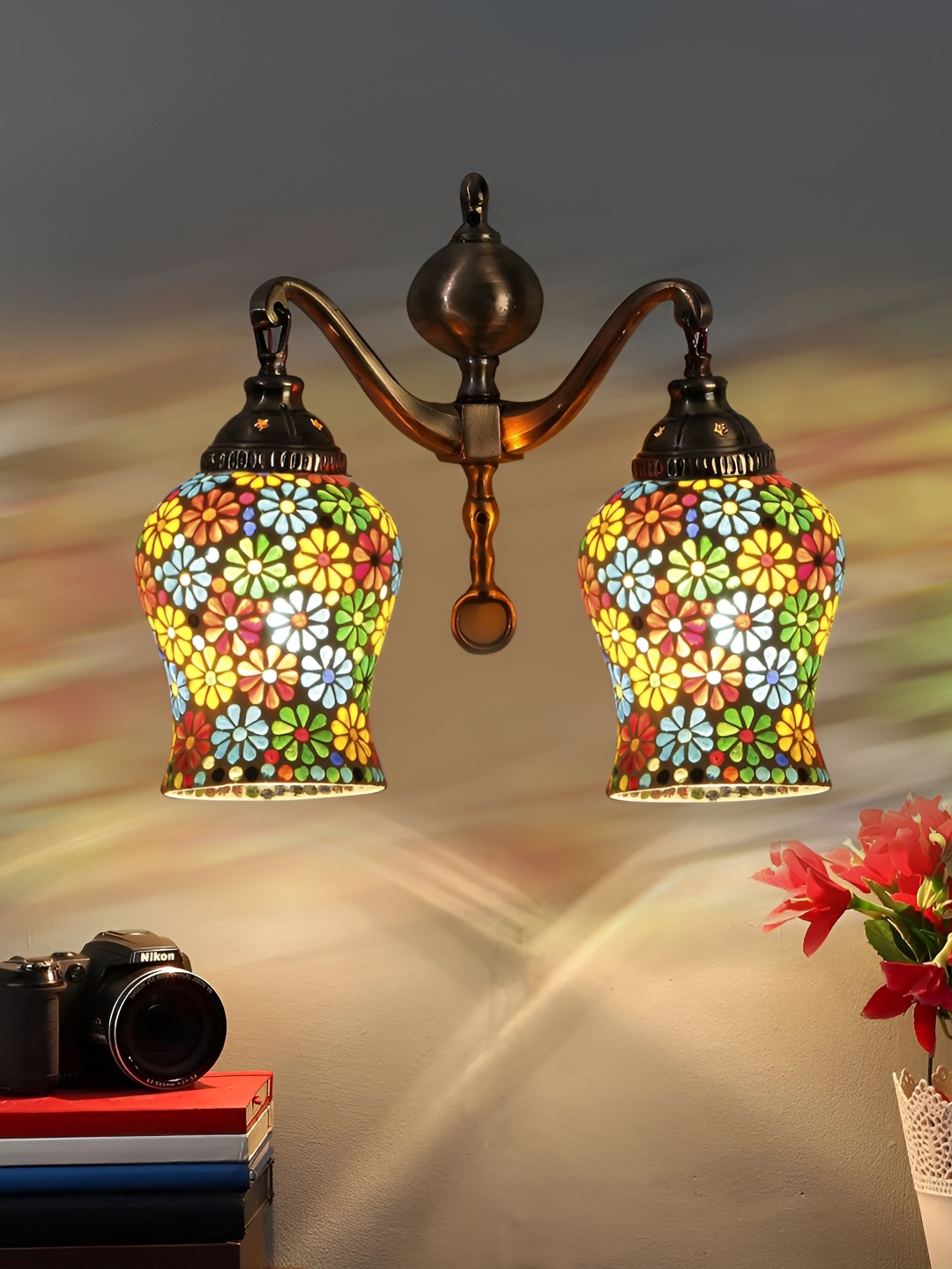 

Devansh White & Gold-Toned Printed Metal Traditional Wall Lamp
