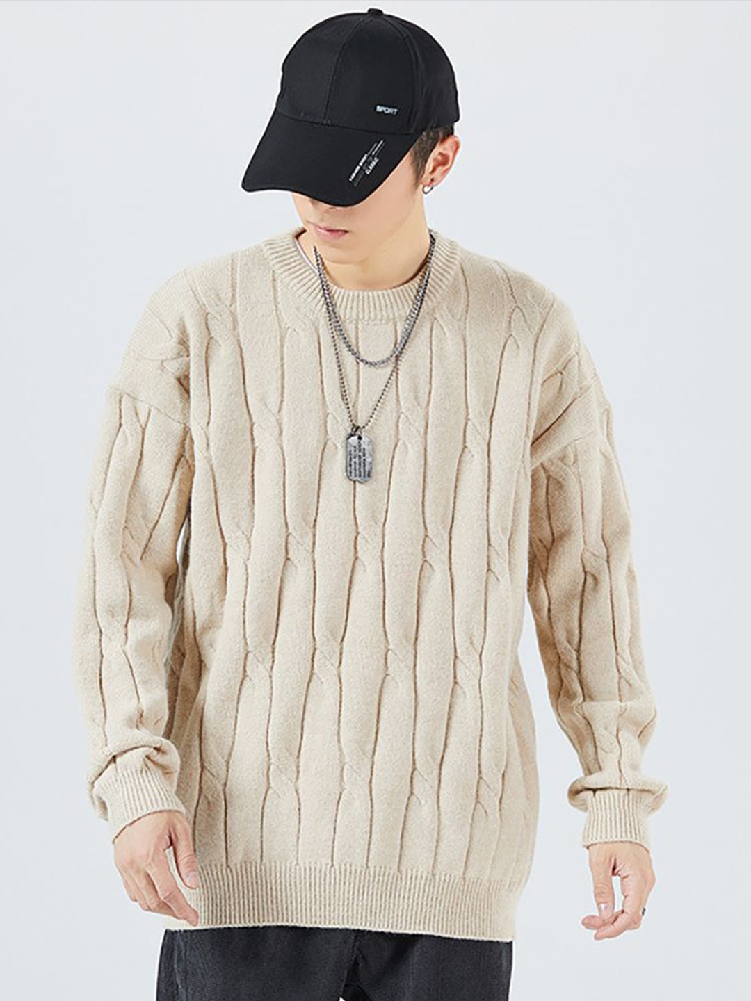 

StyleCast x Revolte Men Cable Knit Longline Pullover, Beige