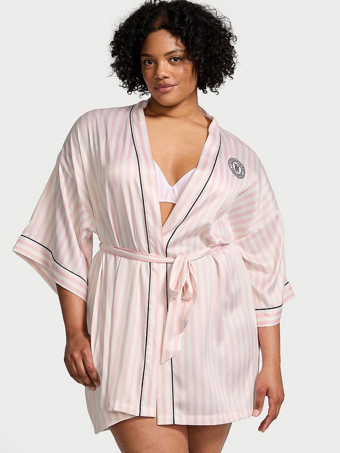 

Victoria's Secret Women Striped Short Piped Robe, Pink