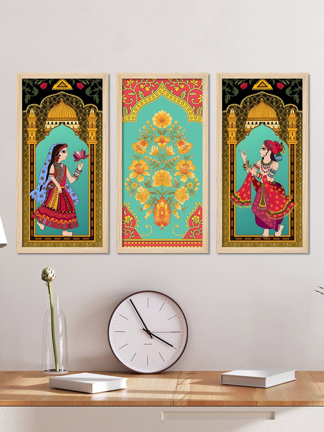 

ArtVibes Yellow & Green 3 Pieces Madhubani Wooden Painting Wall Arts