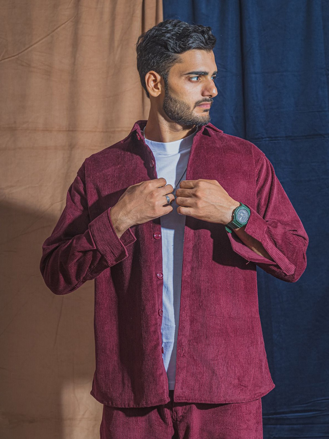 

JAVINISHKA Men Corduroy Relaxed Opaque Semiformal Shirt, Burgundy