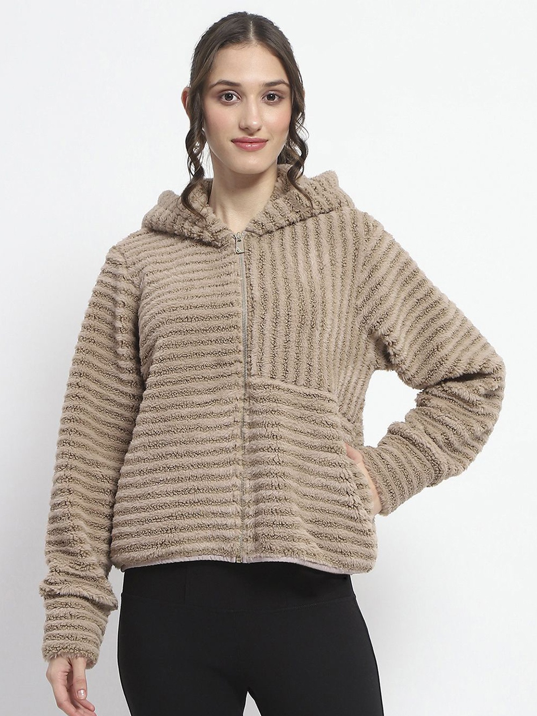 

Madame Women Hooded Striped Front-Open Sweatshirt, Brown