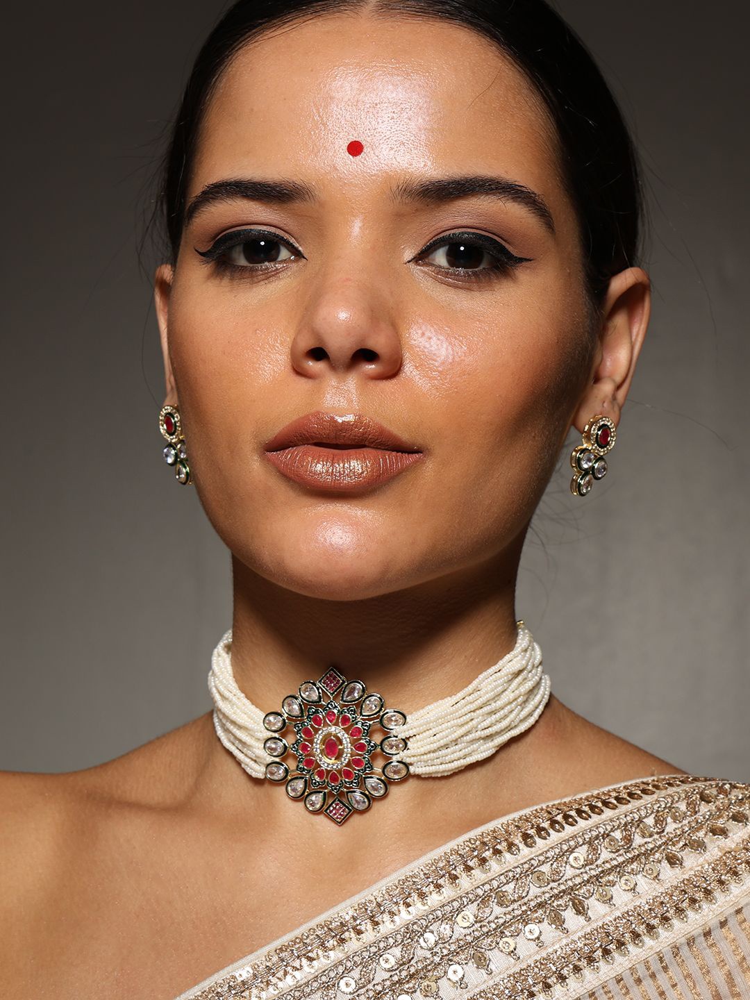 

PATOLA BY VJ Gold-Plated Stones-Studded & Beaded Jewellery Set