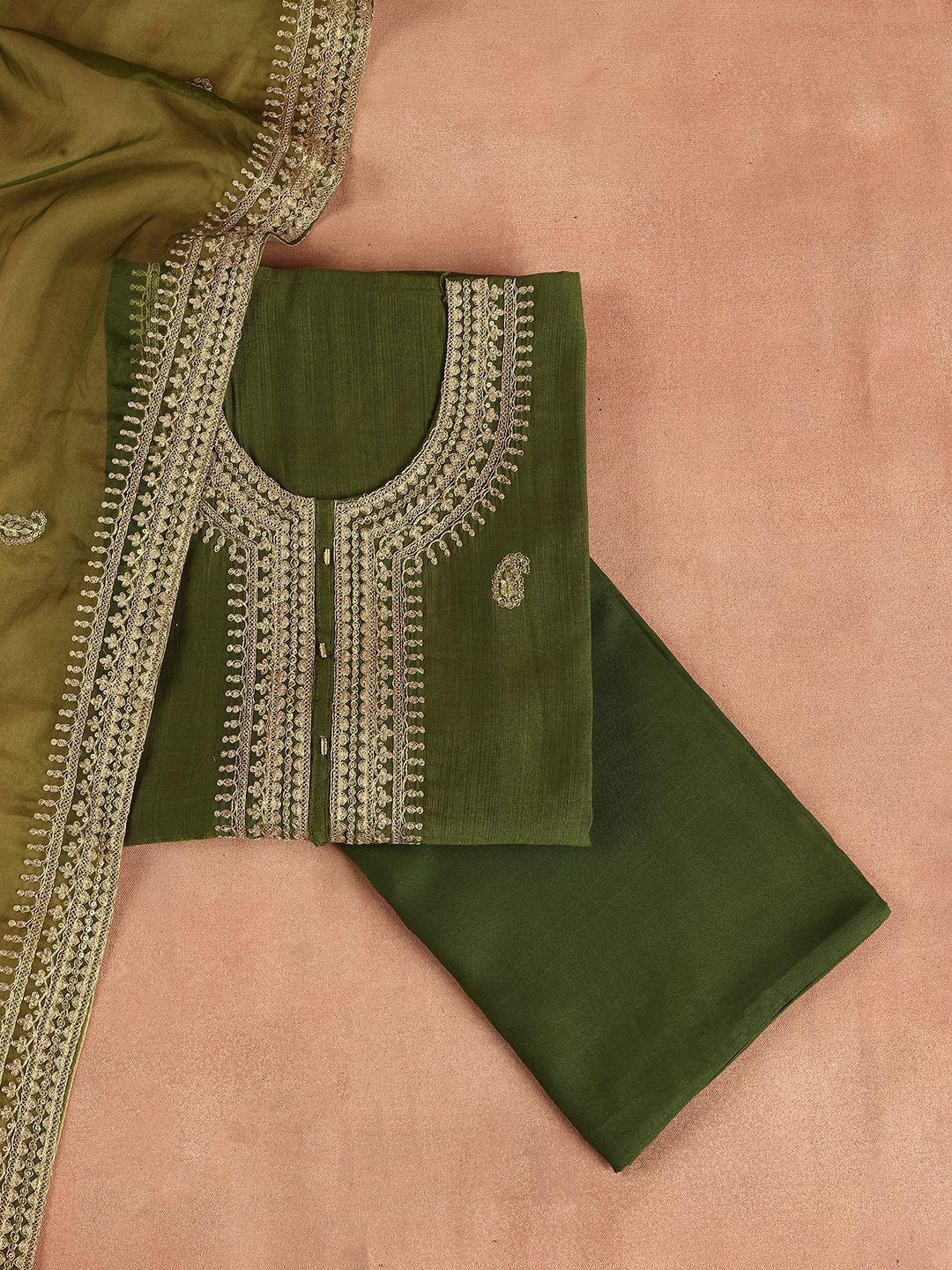 

Libas Paisley Embroidered Sequinned Unstitched Dress Material, Olive