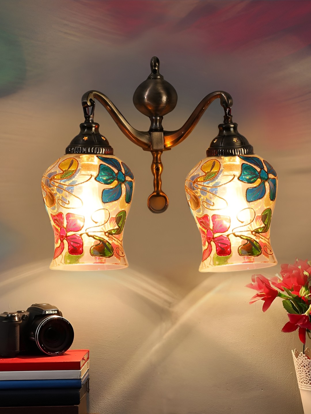 

Devansh Blue & White Floral Printed Bell Shaped Glass Contemporary Wall Lamp