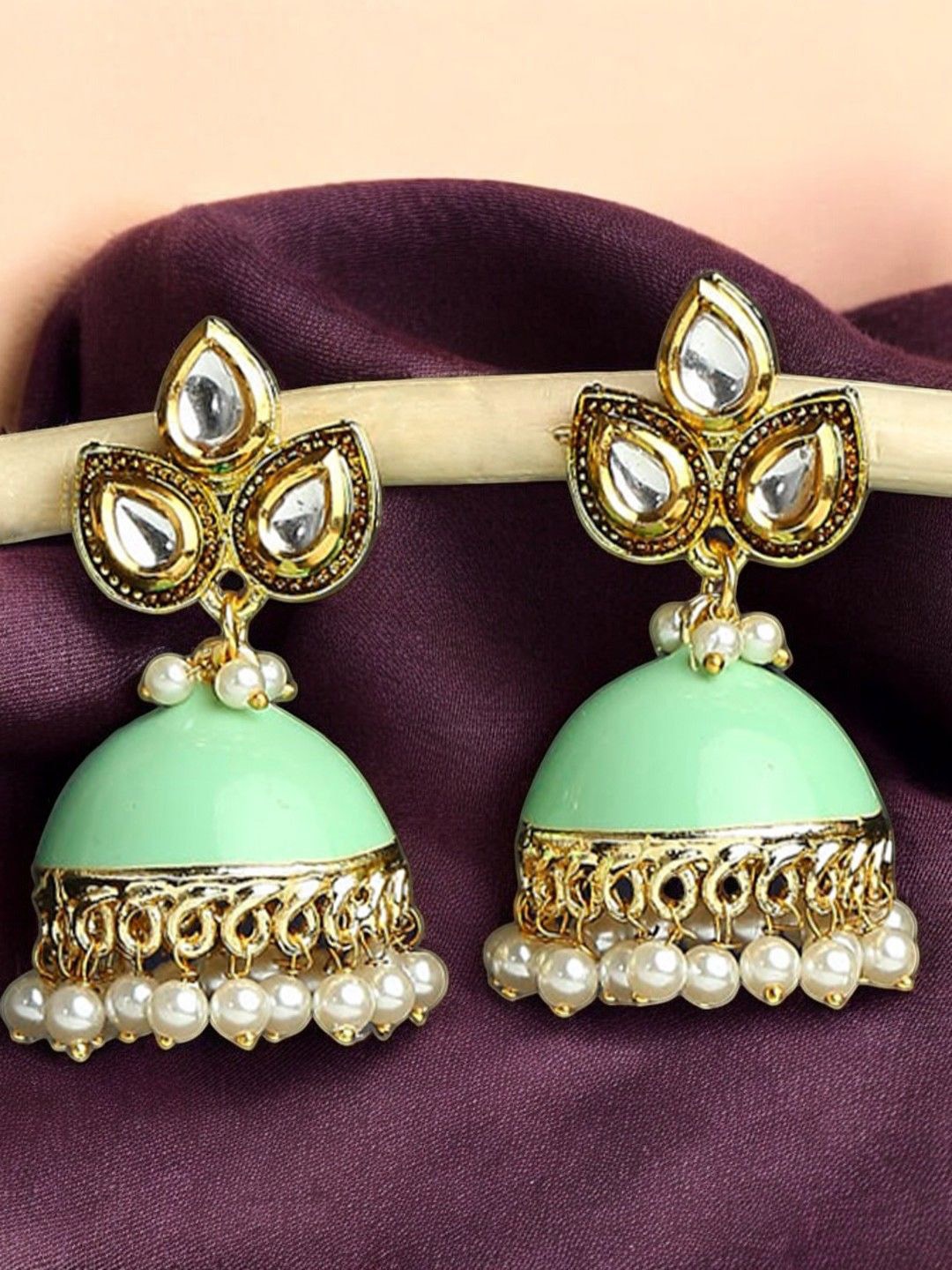 

Anouk Gold Toned Kundan Studded Dome Shaped Meenakari Jhumkas, Green