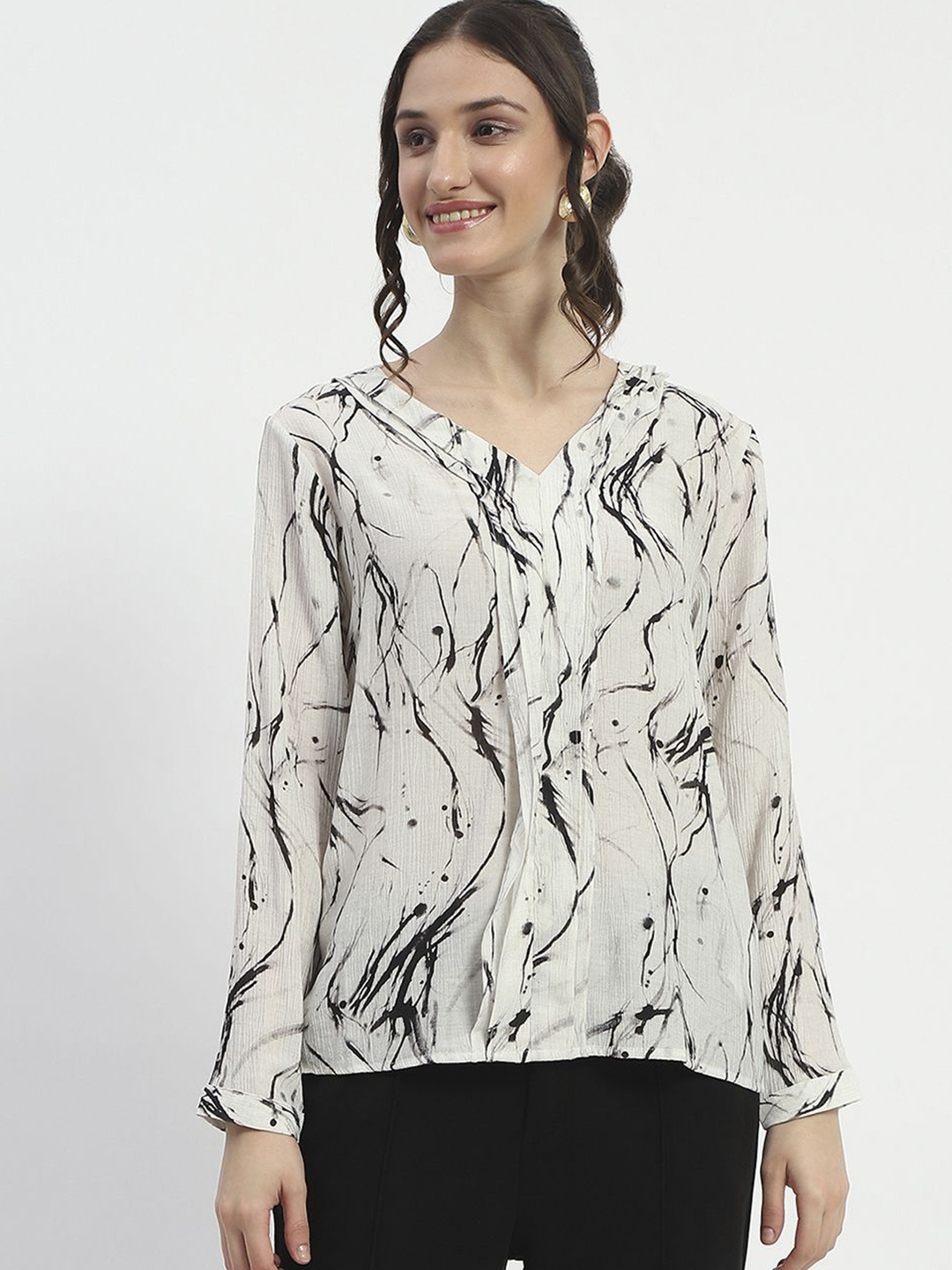 

Madame Women V-Neck Printed Top, Off white