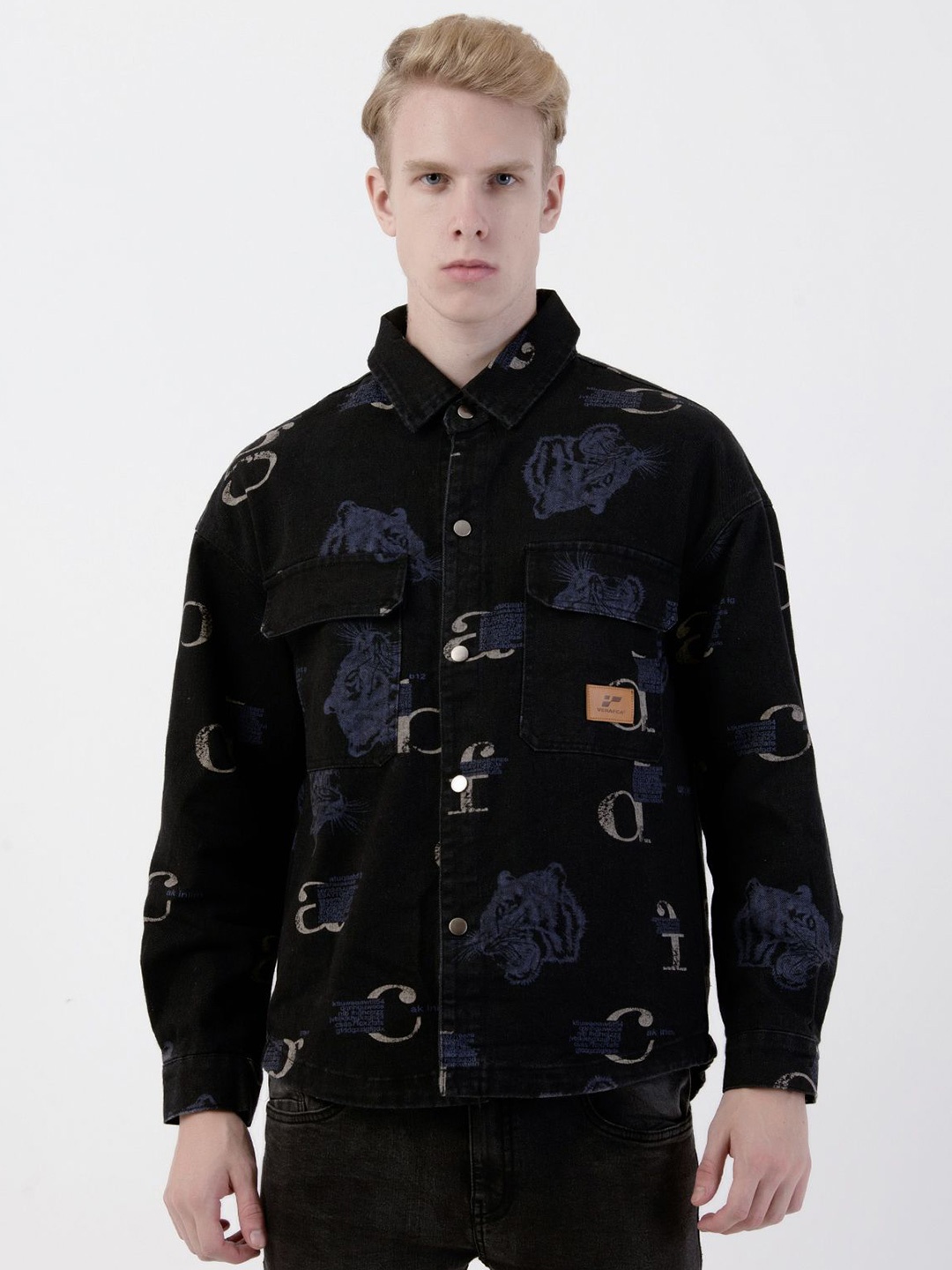 

Albion By CnM Men Conversational Printed Shirt Collar Front-Open Sweatshirt, Black