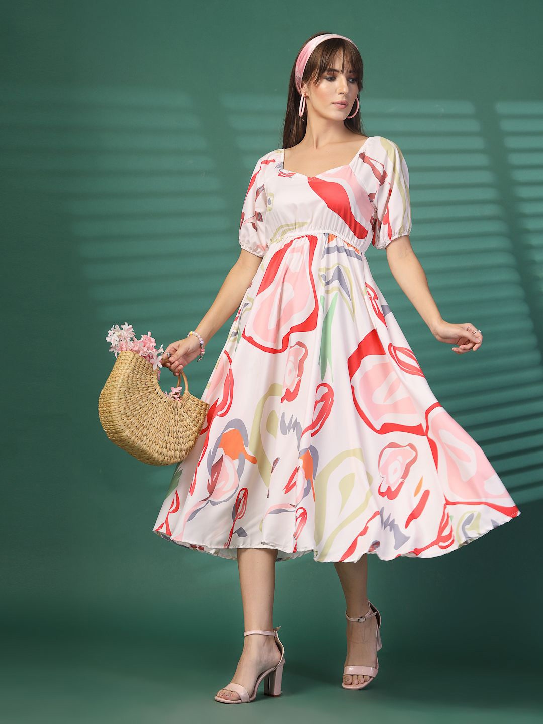 

Oomph! Abstract Printed Puff Sleeve Fit & Flare Midi Dress, White