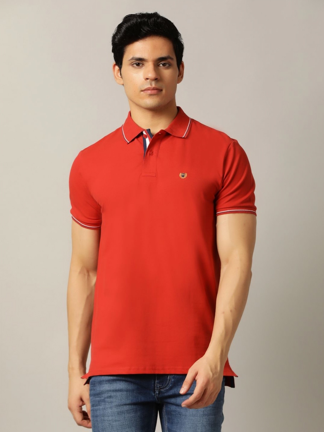 

JADE BLUE Men Polo Collar Applique Slim Fit T-shirt, Rust