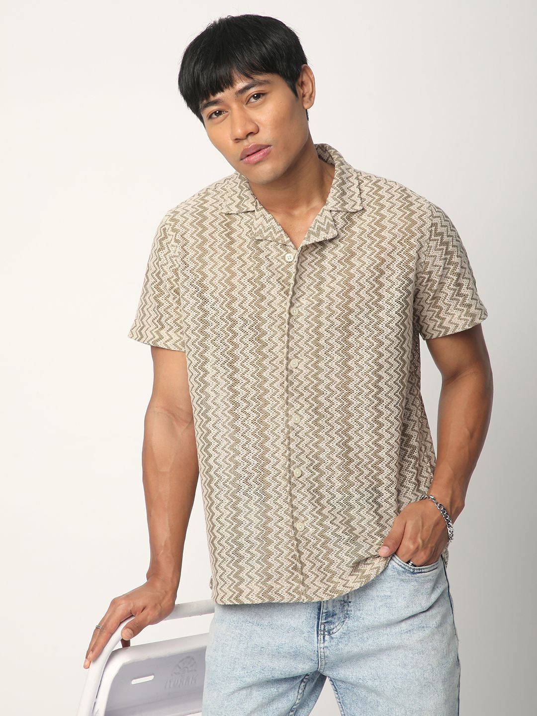 

R&B Men Chevron Crochet Shirt, Beige