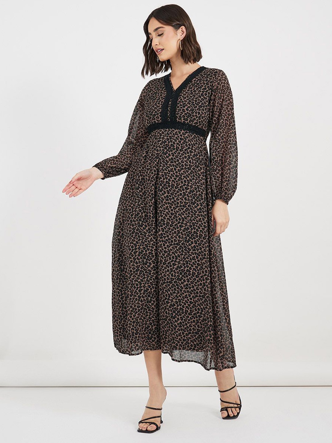 

Styli Women Animal Print V-Neck Puff Sleeves A-Line Maxi Dress, Black