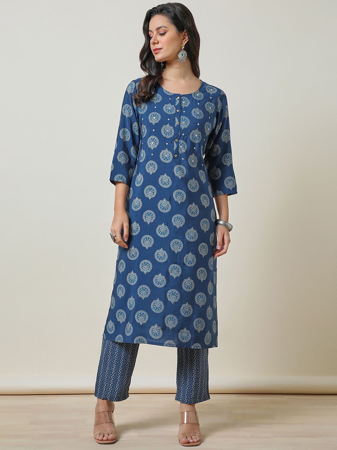 

Soch Blue Ethnic Motifs Embroidered Round Neck Straight Mirror Work Kurta With Trousers