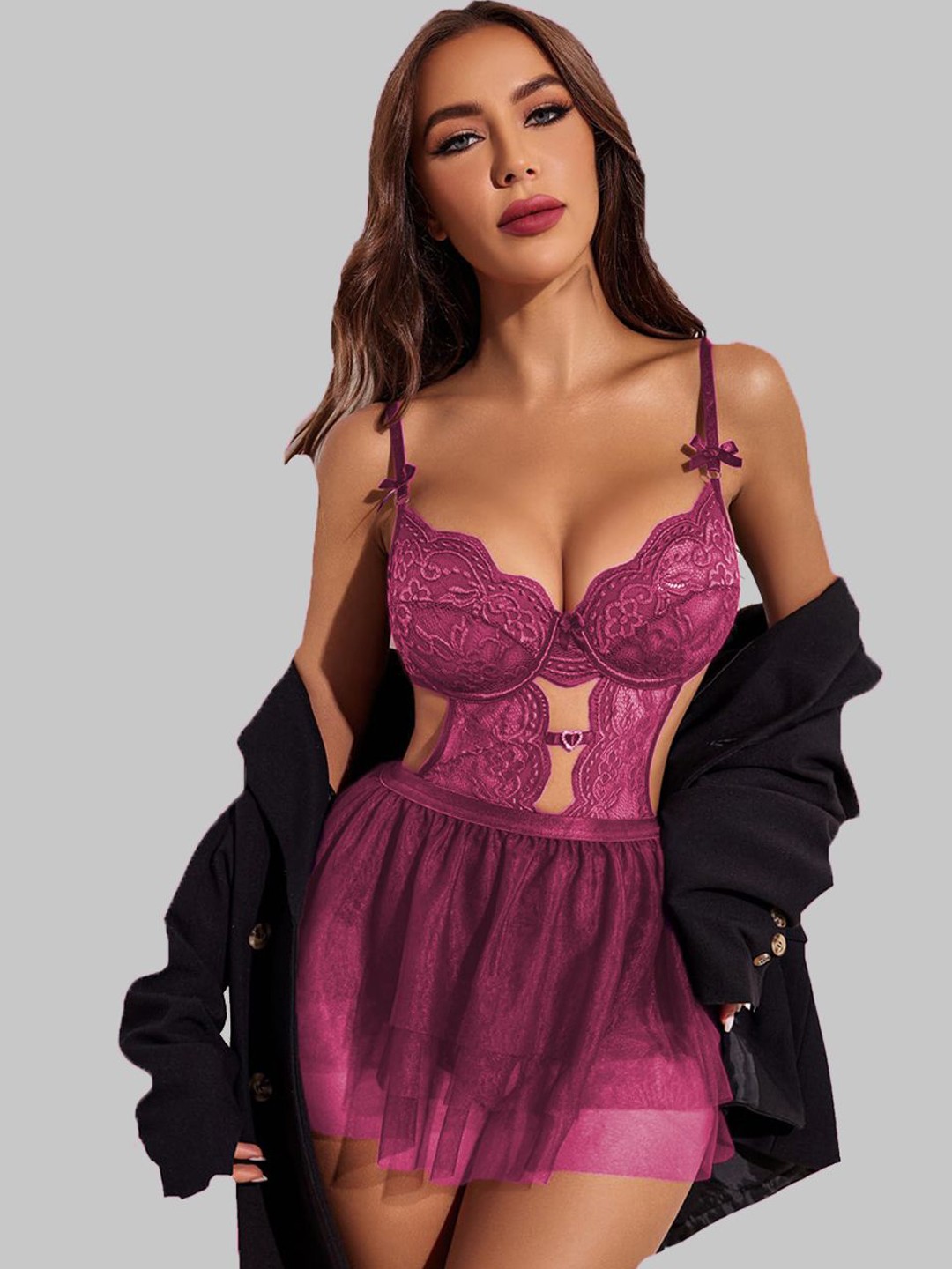 

VAGHBHATT Women Self Design Net Baby Doll, Purple