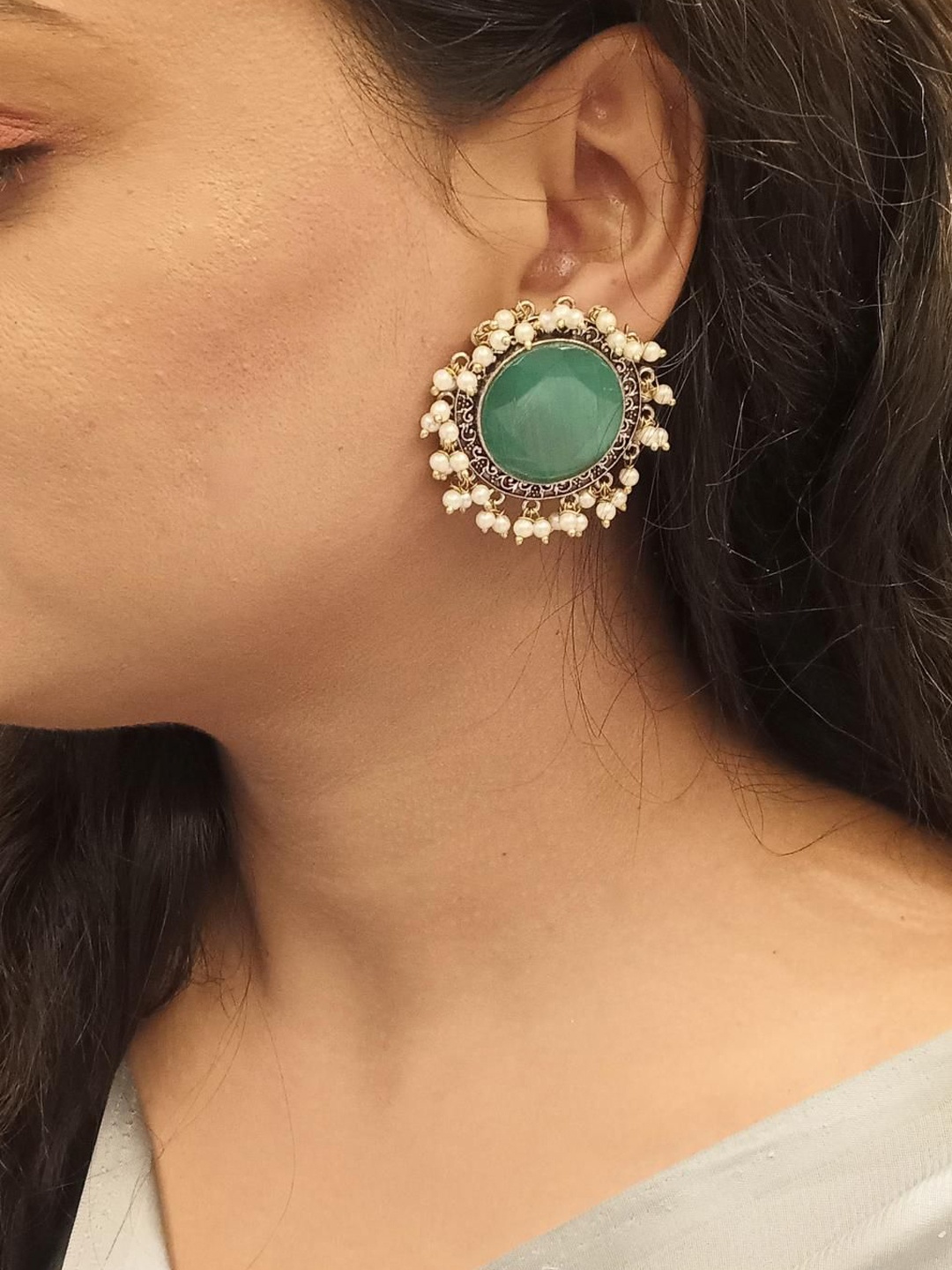 

Efulgenz Rhodium Plated Crystals Studded ontemporary Studs Earrings, Green