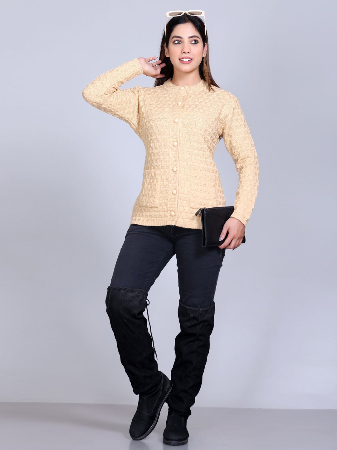 

Winter Wonders Women Round Neck Woollen Cardigan, Beige