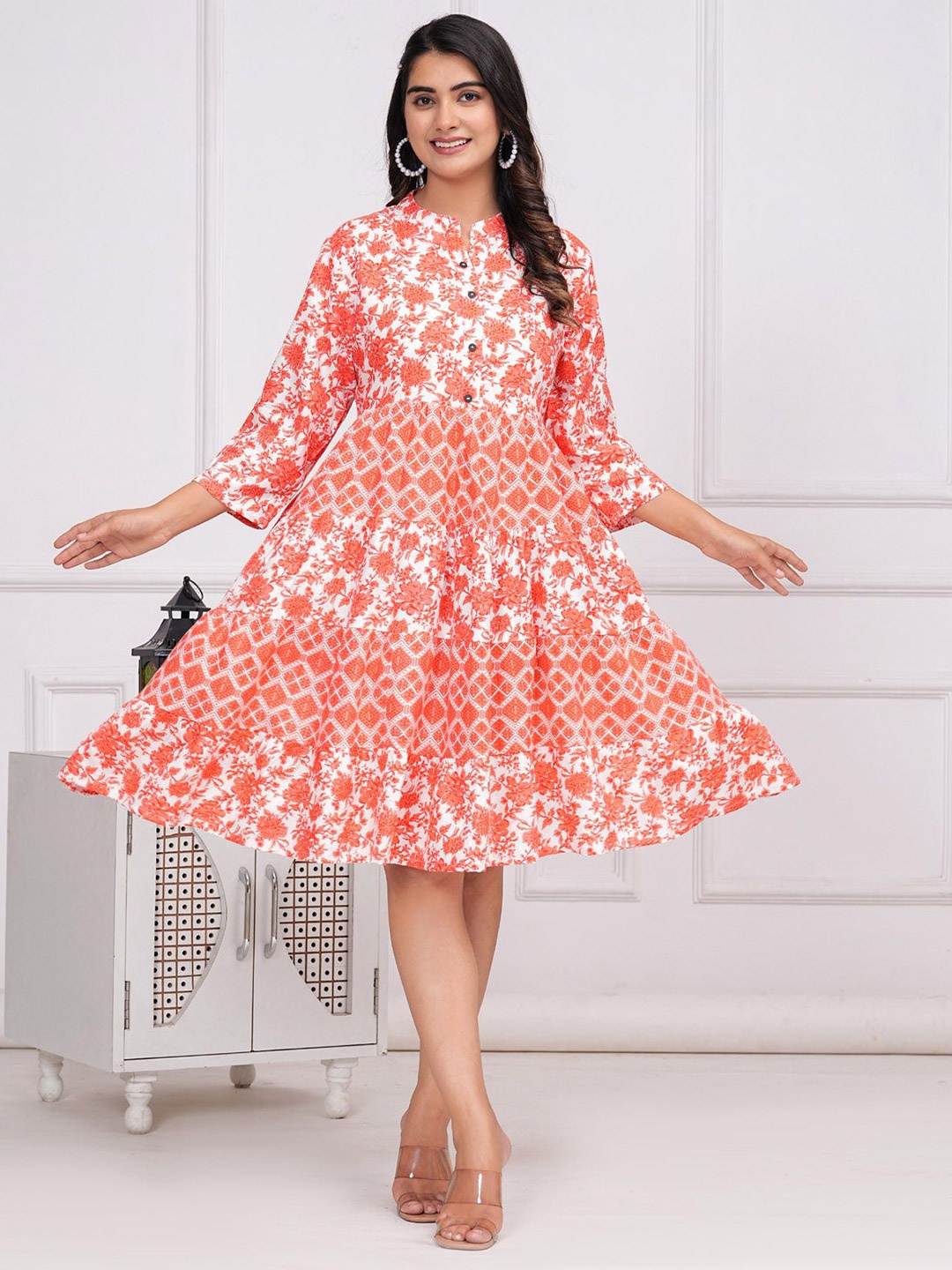 

BAESD Women Floral Print Fit & Flare Tiered Knee Length Dress, Orange