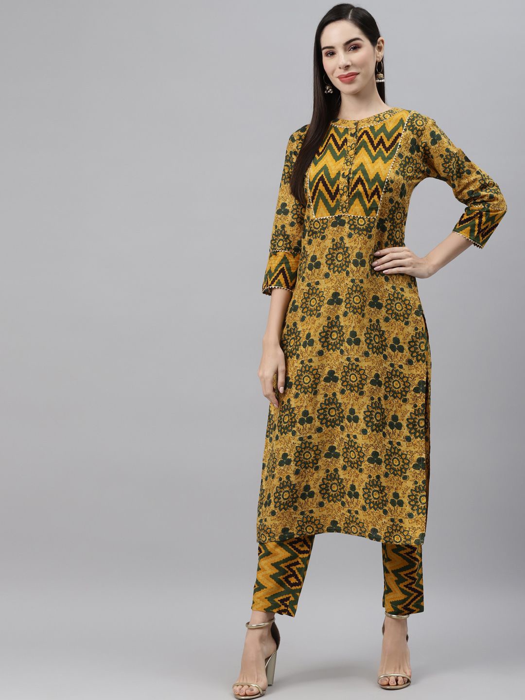 

Indibelle Floral Printed Cotton Straight Kurta, Mustard