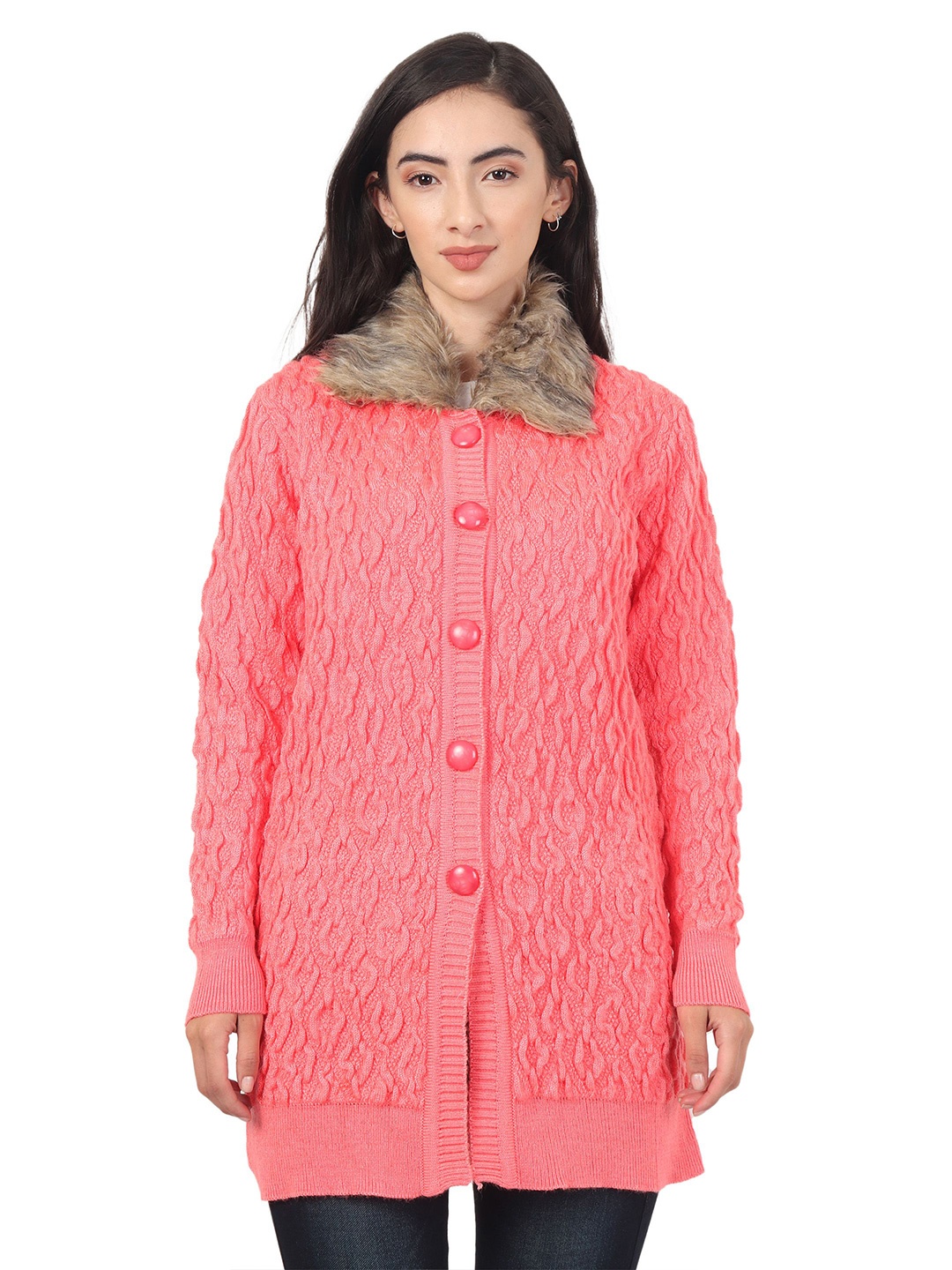 

HAUTEMODA Women Self Design Cable Knit Woollen Cardigan, Peach
