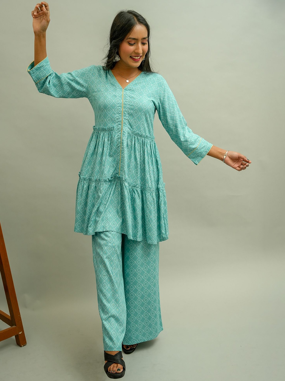 

GO BOUJEE Printed Pure Cotton Tunic & Palazzo Co-Ords, Blue