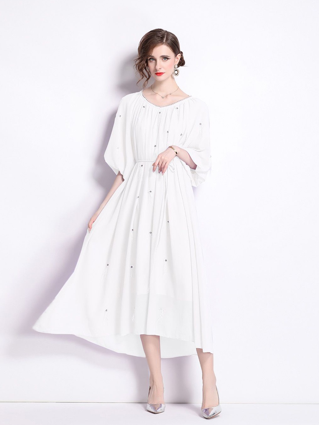 

JC Collection Women Flared Sleeve A-Line Midi Dress, White