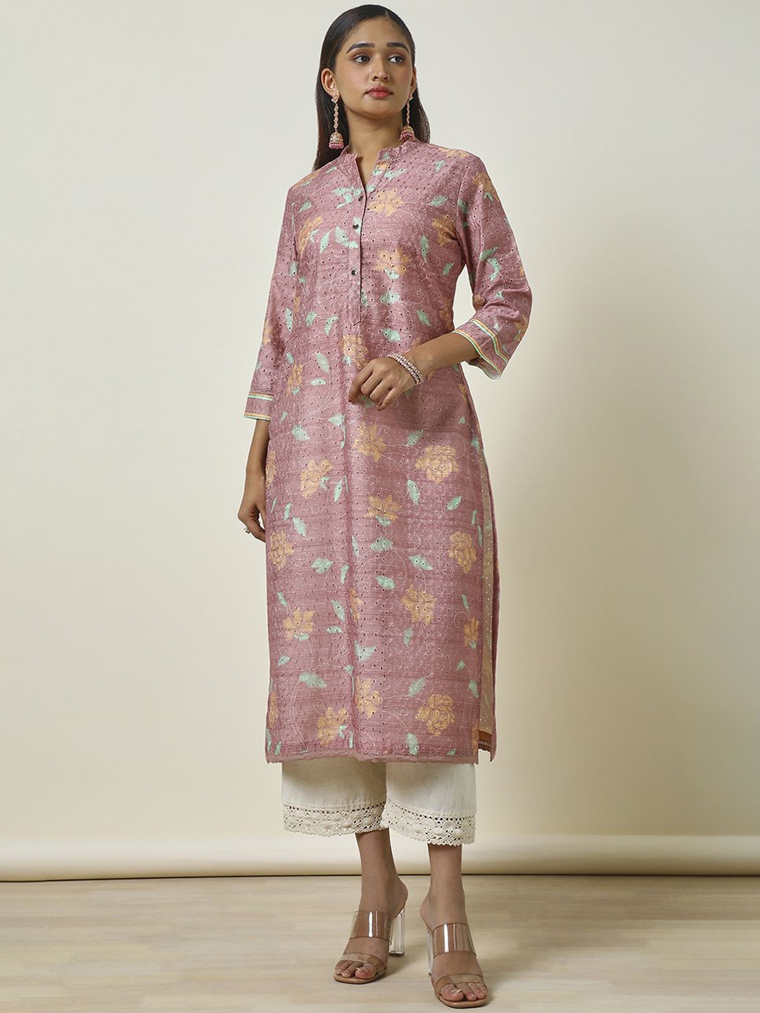 

Soch Floral Embroidered Mandarin Collar Straight Kurta, Pink