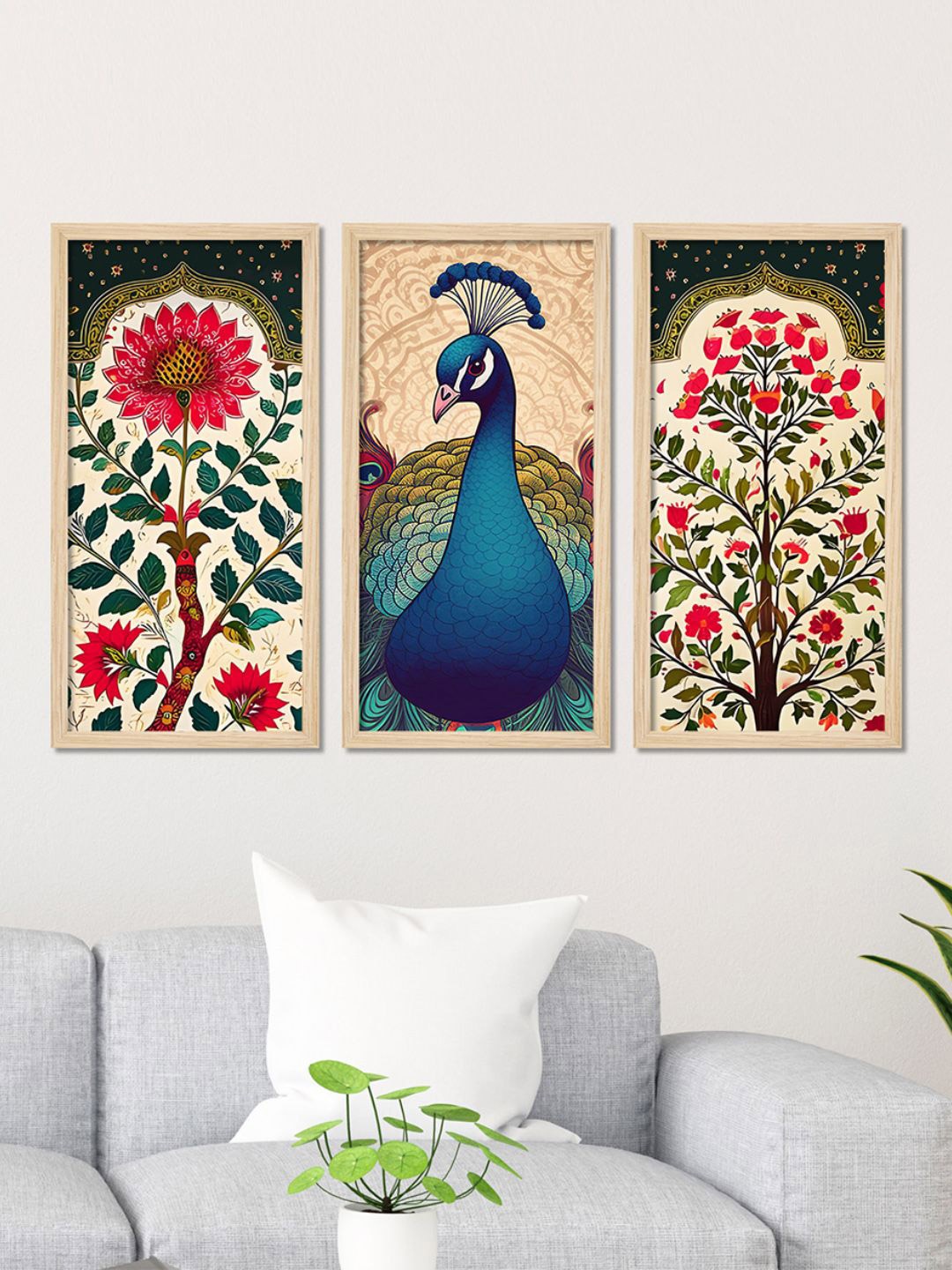 

ArtVibes Beige & Blue 3 Pieces Floral Peacock Wooden Painting Wall Arts