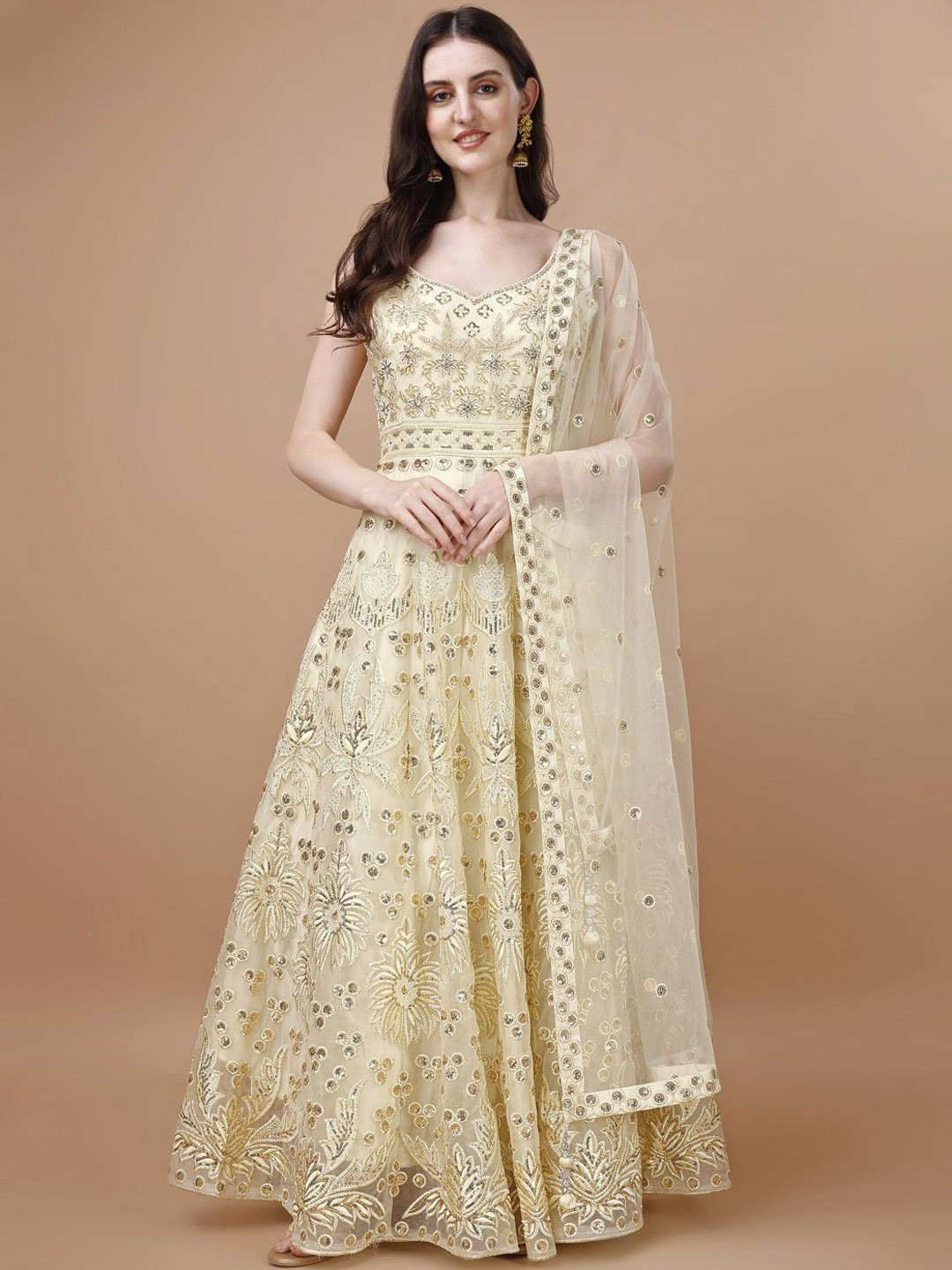 

VANAKARA Women Sequined & Embroidered Sleeveless Maxi Gown With Dupatta, Yellow