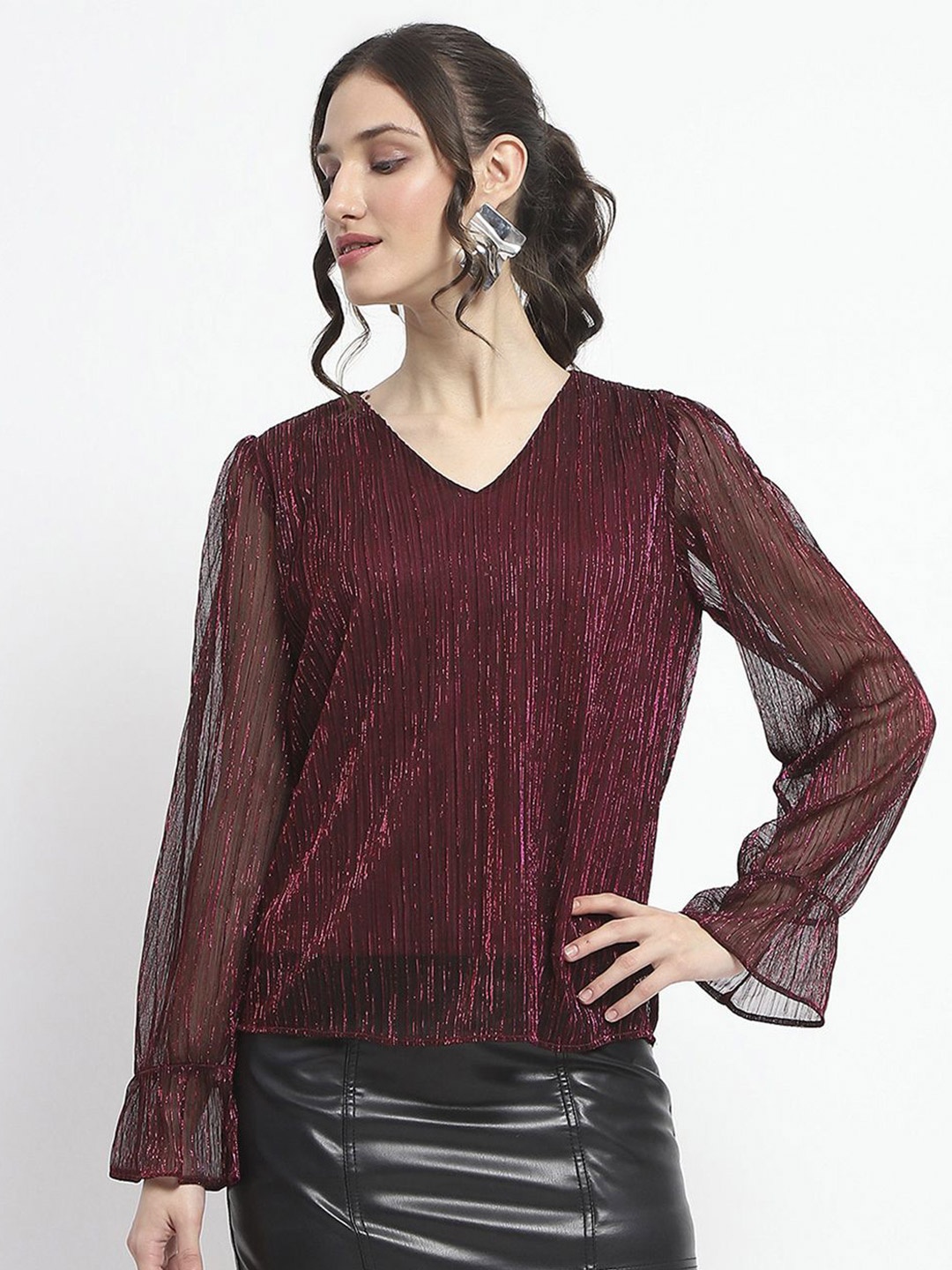 

Madame Women Self Design V-Neck Top, Maroon