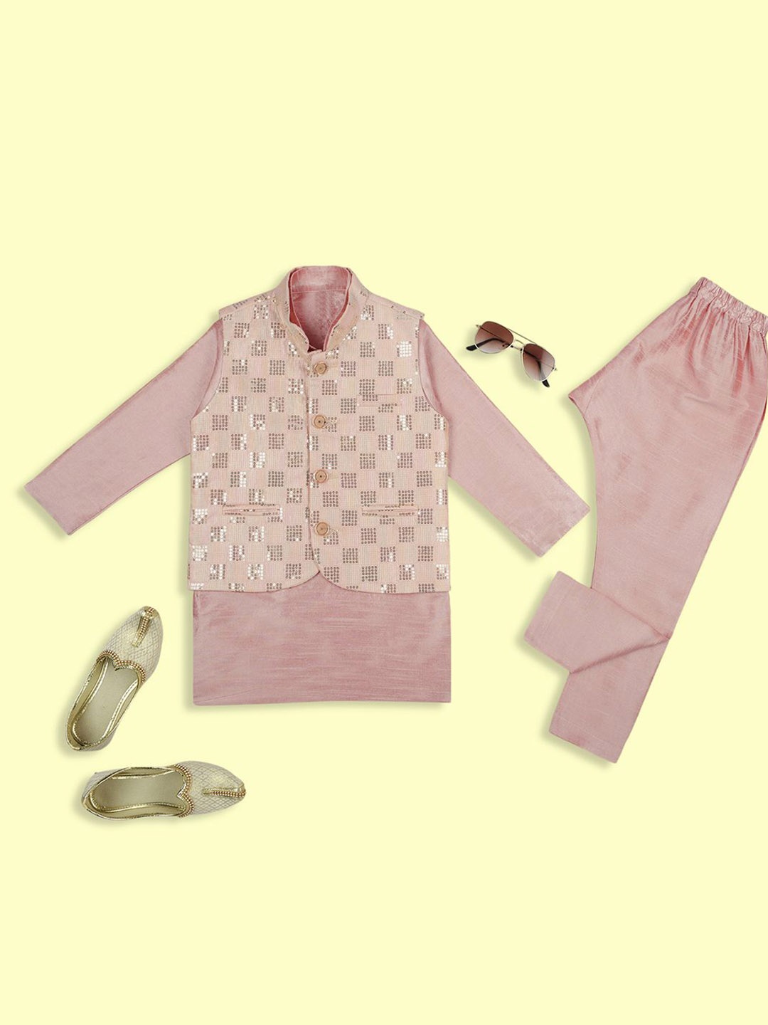 

Sangria Boys Mandarin Collar Straight Kurta with Churidar & Sequinned Nehru Jacket, Pink