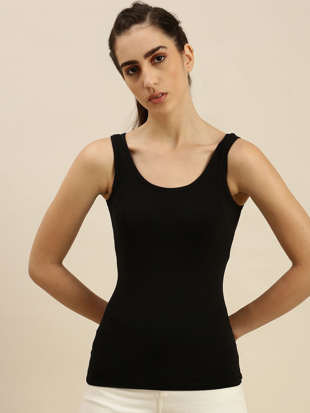

De Moza Women Pack Of 3 Cotton Sleeveless Camisoles, Black