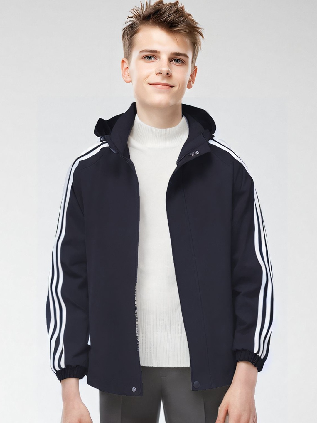 

StyleCast x Revolte Men Lightweight Striped Sporty Jacket, Navy blue