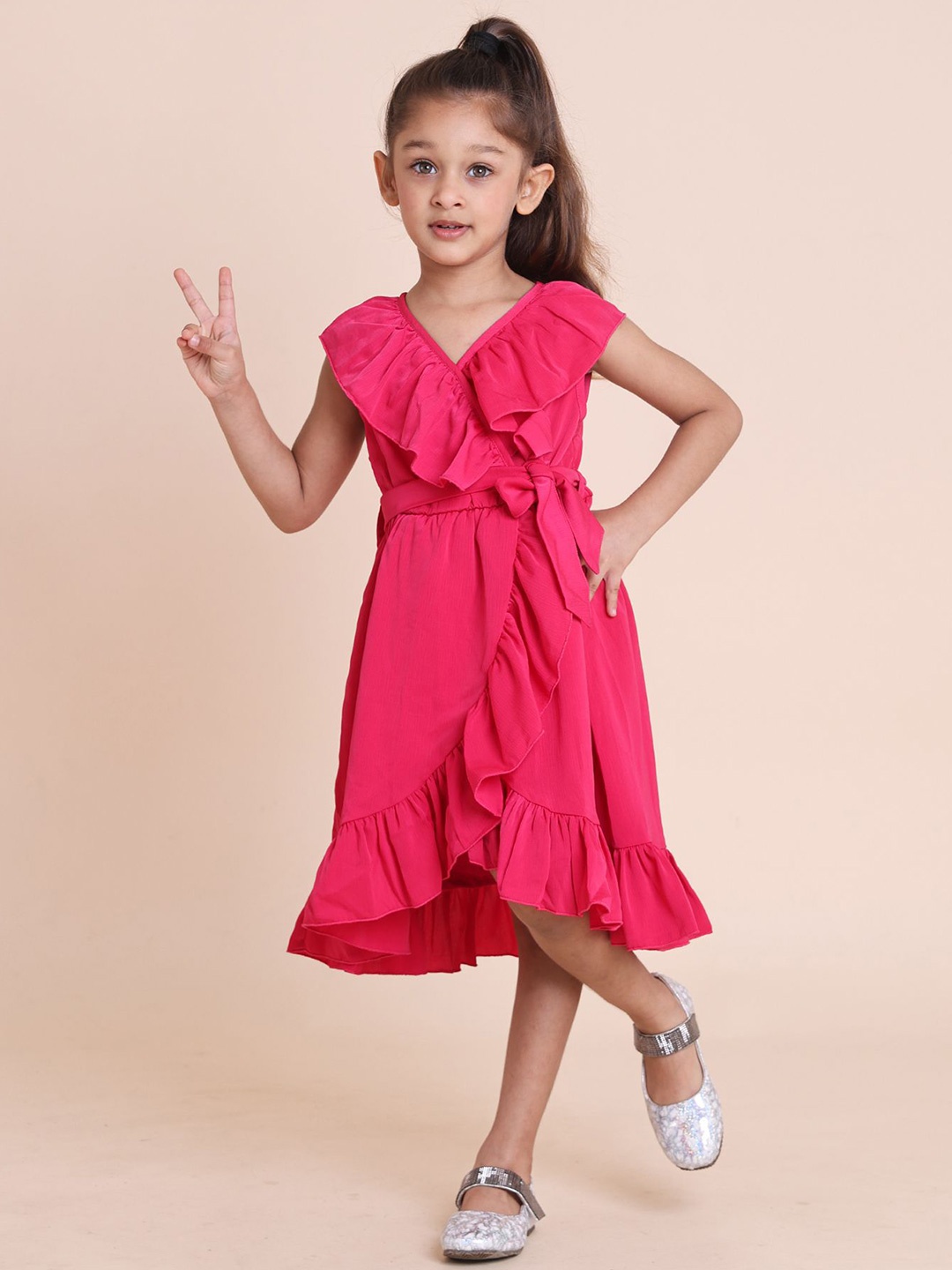 

House of Spades Girls V-Neck Ruffle Casual Wrap Dress, Pink