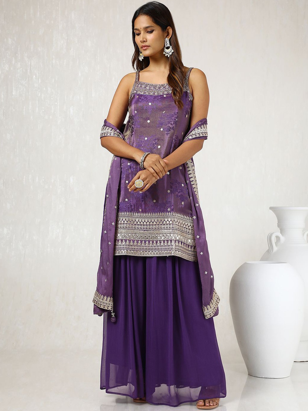 

Soch Ethnic Motifs Embroidered Straight Kurta with Palazzos & With Dupatta, Purple