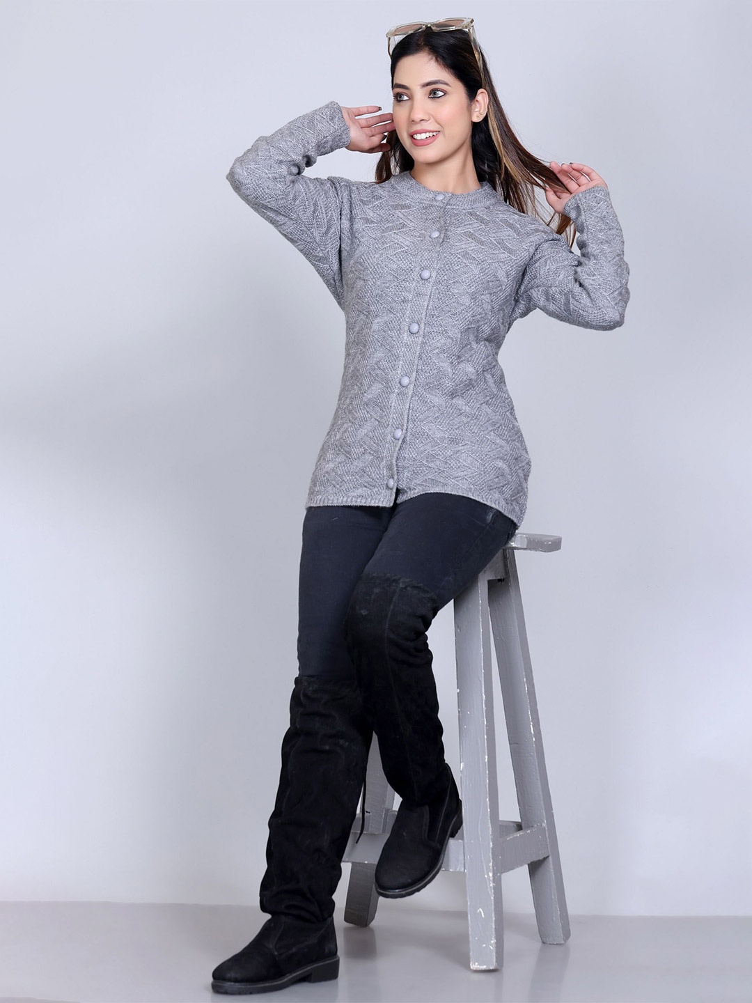 

Winter Wonders Women Self Design Woollen Cardigan Sweaters, Grey