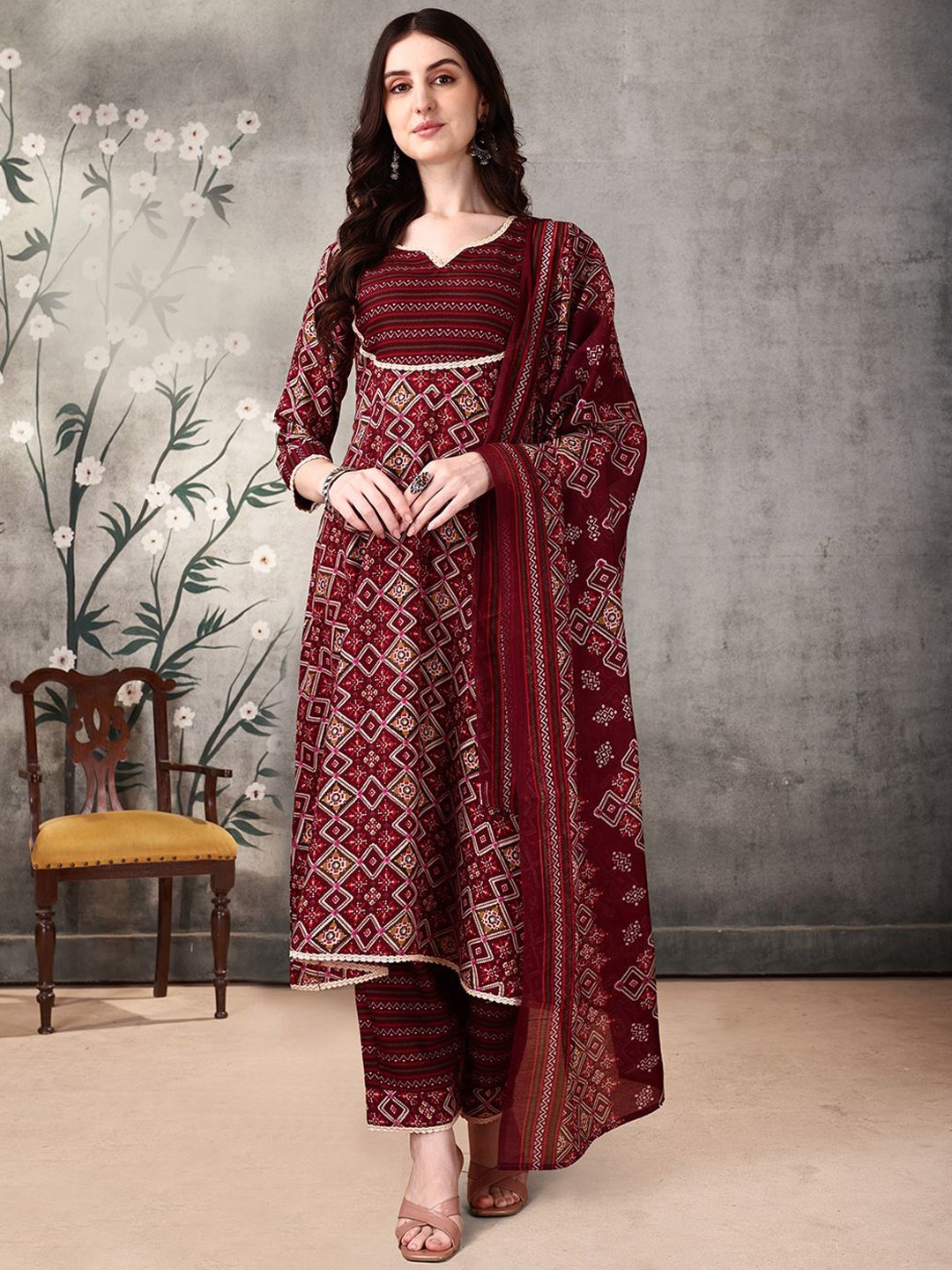 

KALINI Ethnic Motifs Printed Anarkali Kurta With Trousers & Dupatta, Maroon