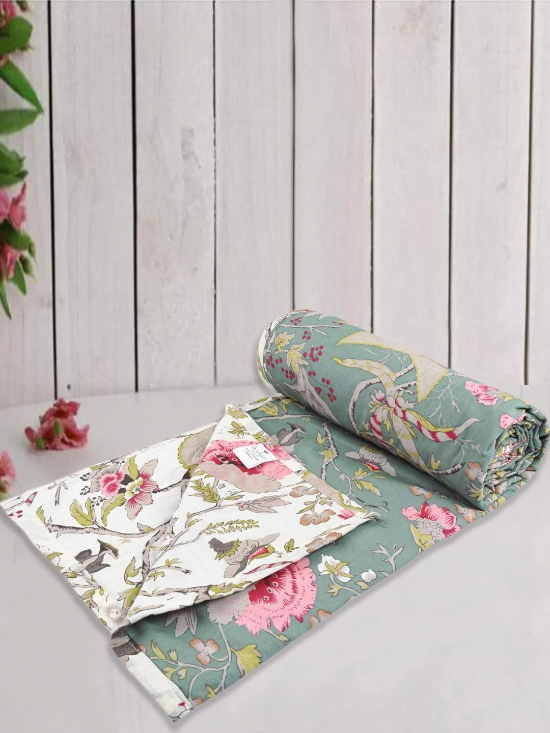 

Trance Home Linen Green & Pink Floral 150 GSM Double Bed Dohar