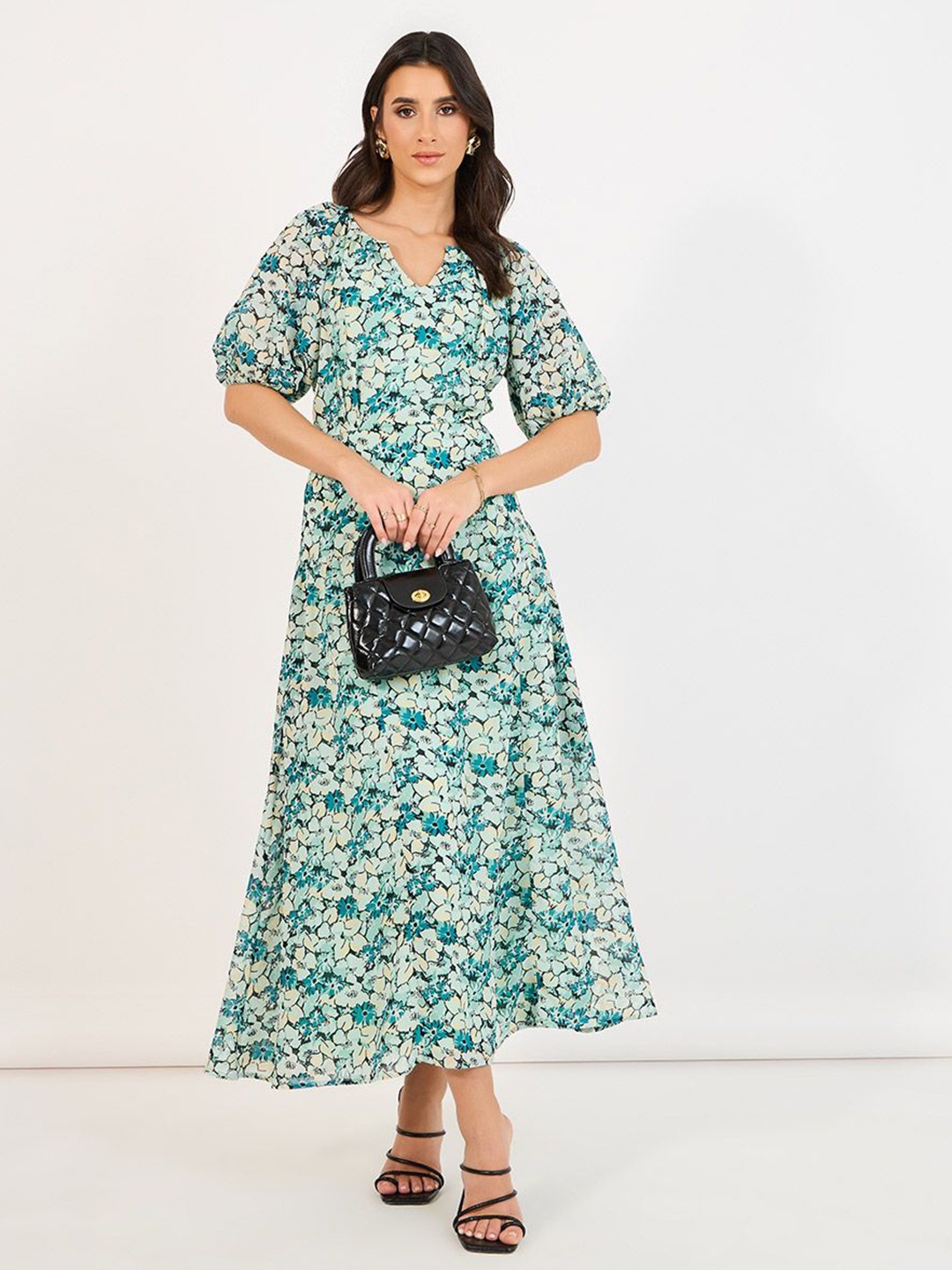 

Styli Women Floral Printed V-Neck Short Sleeves A-Line Maxi Dress, Sea green